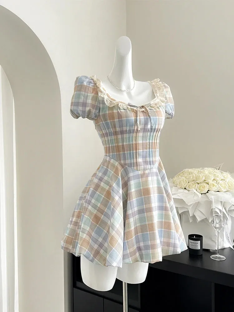 Girlary Summer Korean Sweet Plaid Prom Gown Vintage Mini Square Collar Dress Women 2000s Aesthetic Romantic Frock Evening One-Piece Mori