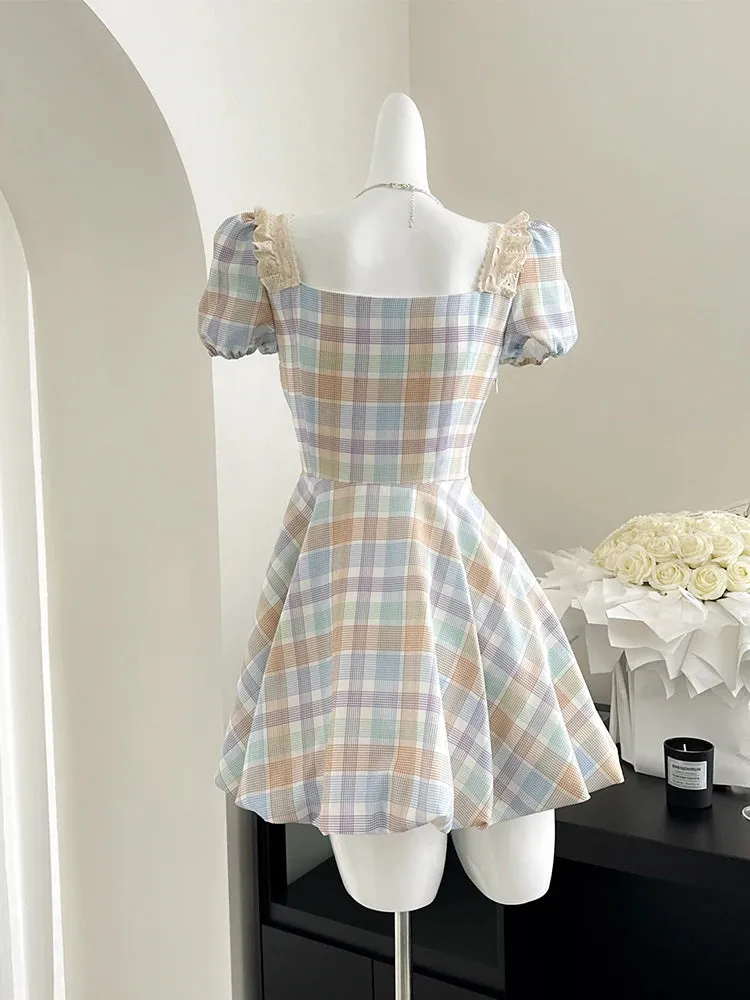 Girlary Summer Korean Sweet Plaid Prom Gown Vintage Mini Square Collar Dress Women 2000s Aesthetic Romantic Frock Evening One-Piece Mori