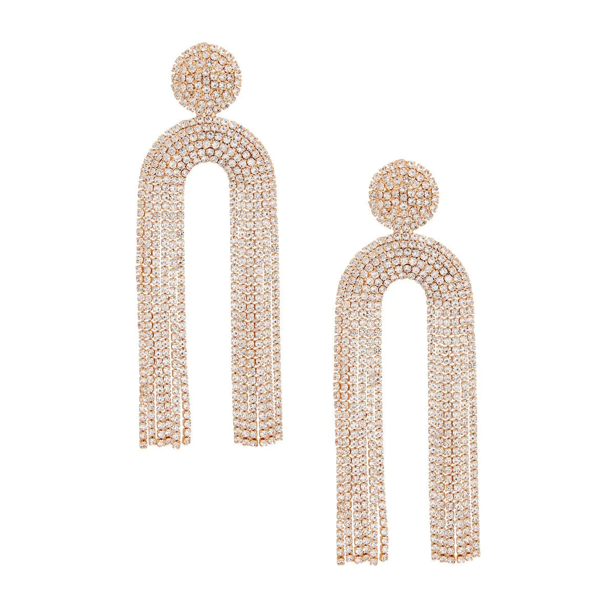 Gold-Tone Metal Earrings with Clear Pave Rhinestones – Glamorous Long Fringe Tassel Design