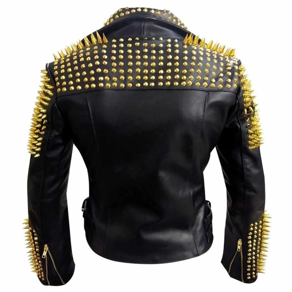 Golden Studded Heavy Metal Spikes Motorcycle Leather Jacket for Men