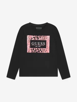 Guess Girls Long Sleeve Glitter Logo T-Shirt in Black