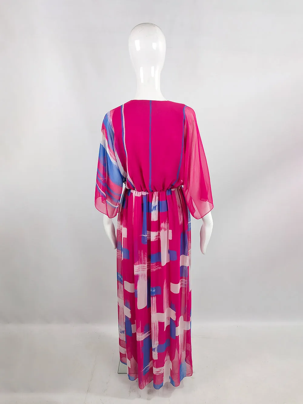 Hanae Mori Vintage 1970s Pink Chiffon Kimono Sleeve Maxi Dress