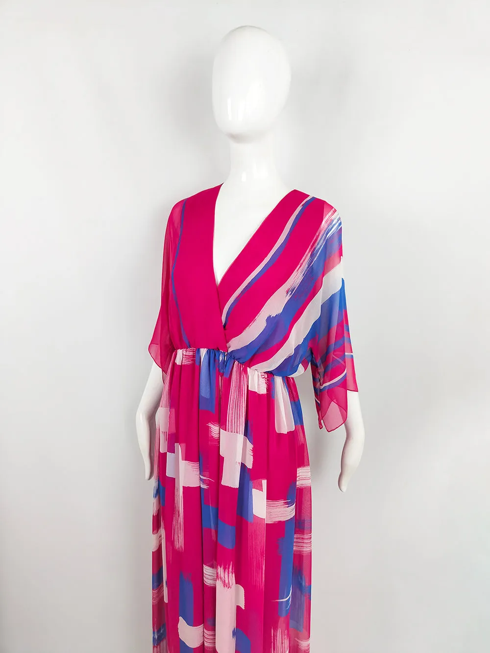 Hanae Mori Vintage 1970s Pink Chiffon Kimono Sleeve Maxi Dress