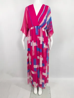 Hanae Mori Vintage 1970s Pink Chiffon Kimono Sleeve Maxi Dress