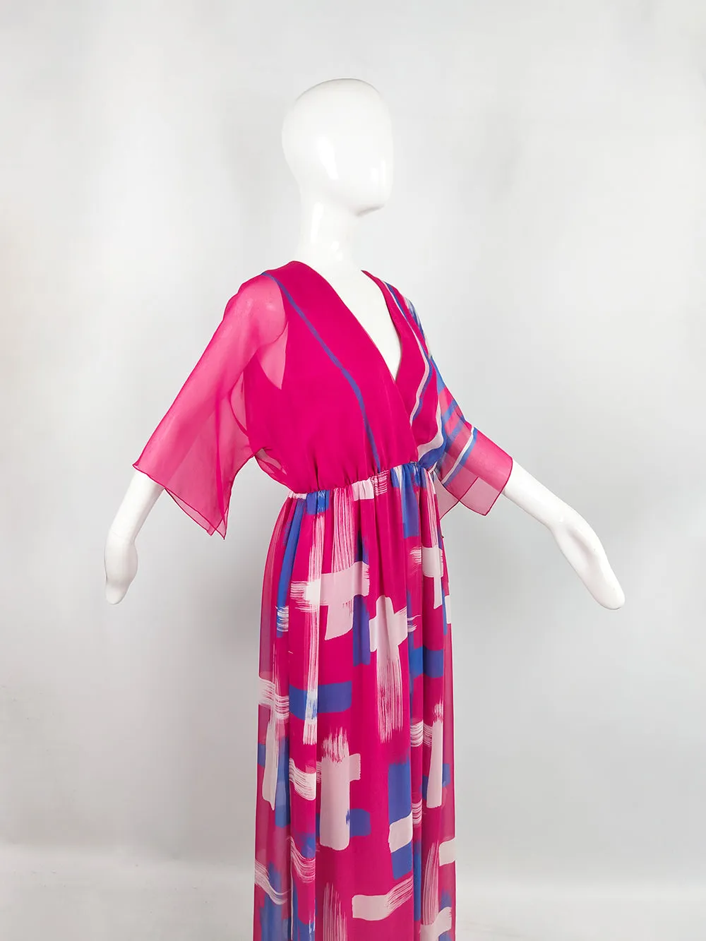 Hanae Mori Vintage 1970s Pink Chiffon Kimono Sleeve Maxi Dress