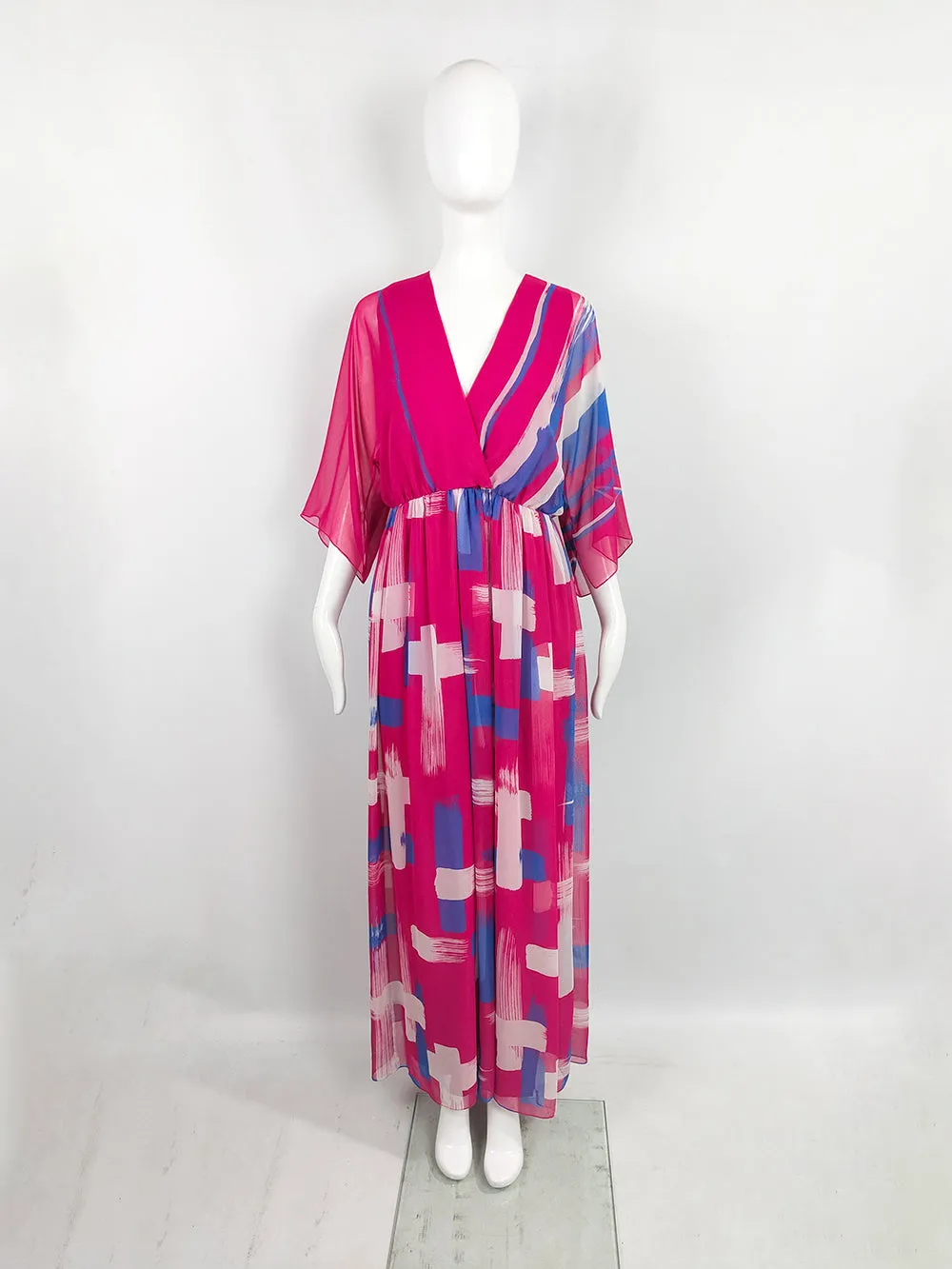 Hanae Mori Vintage 1970s Pink Chiffon Kimono Sleeve Maxi Dress