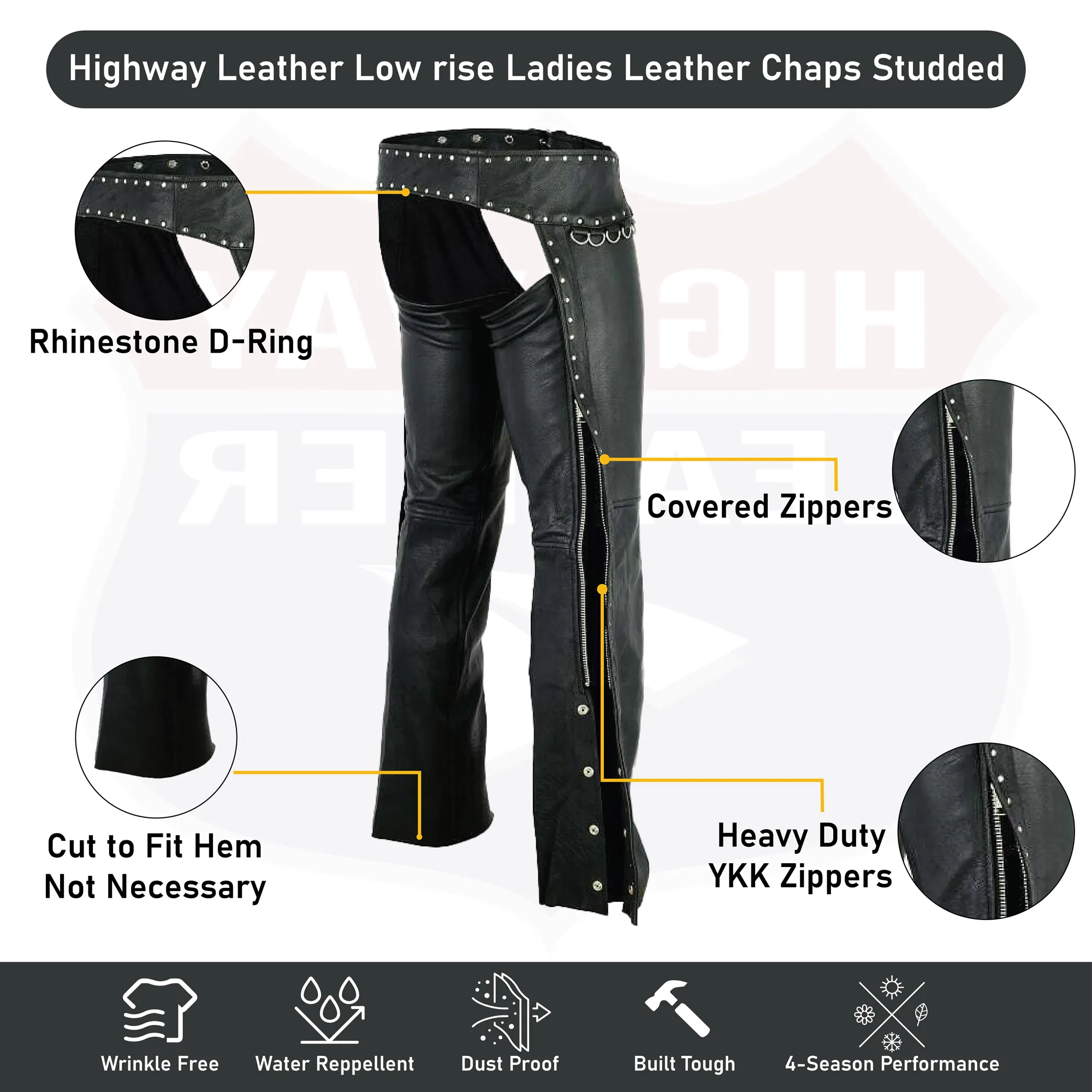 HL12801STUD Low rise Ladies Motorcycle Leather Chaps Studded Women Biker