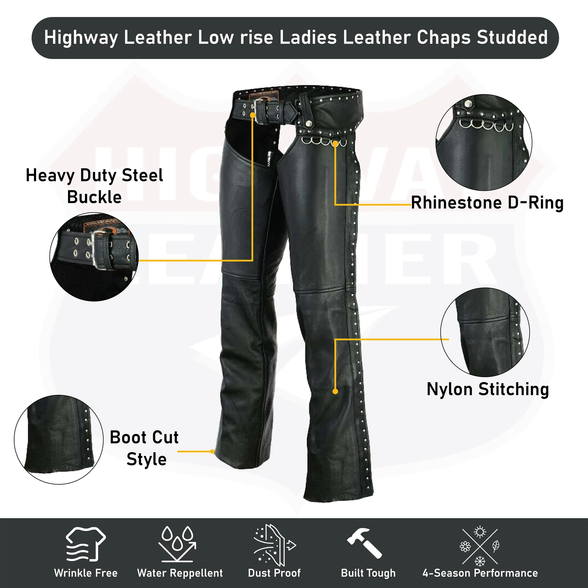 HL12801STUD Low rise Ladies Motorcycle Leather Chaps Studded Women Biker