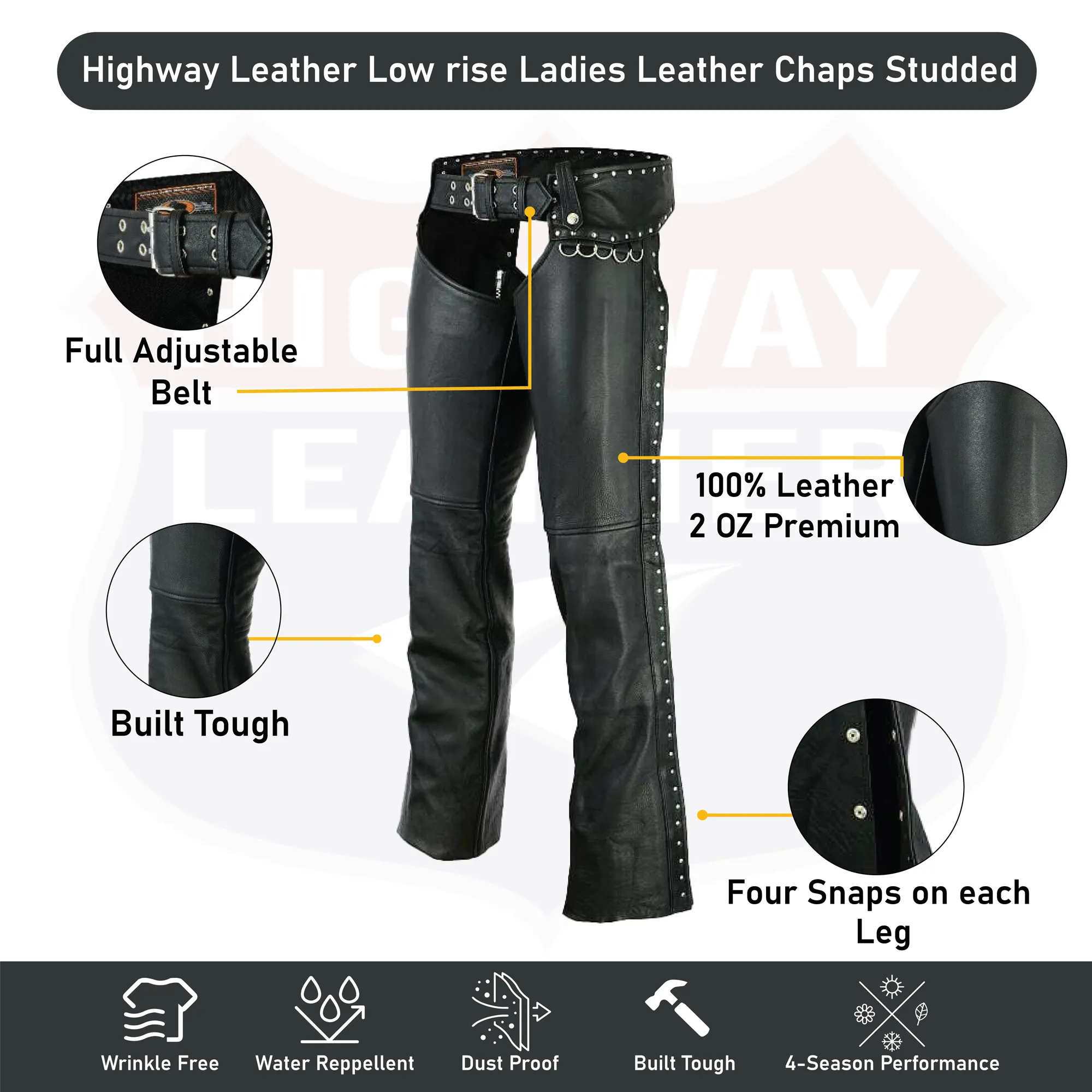 HL12801STUD Low rise Ladies Motorcycle Leather Chaps Studded Women Biker