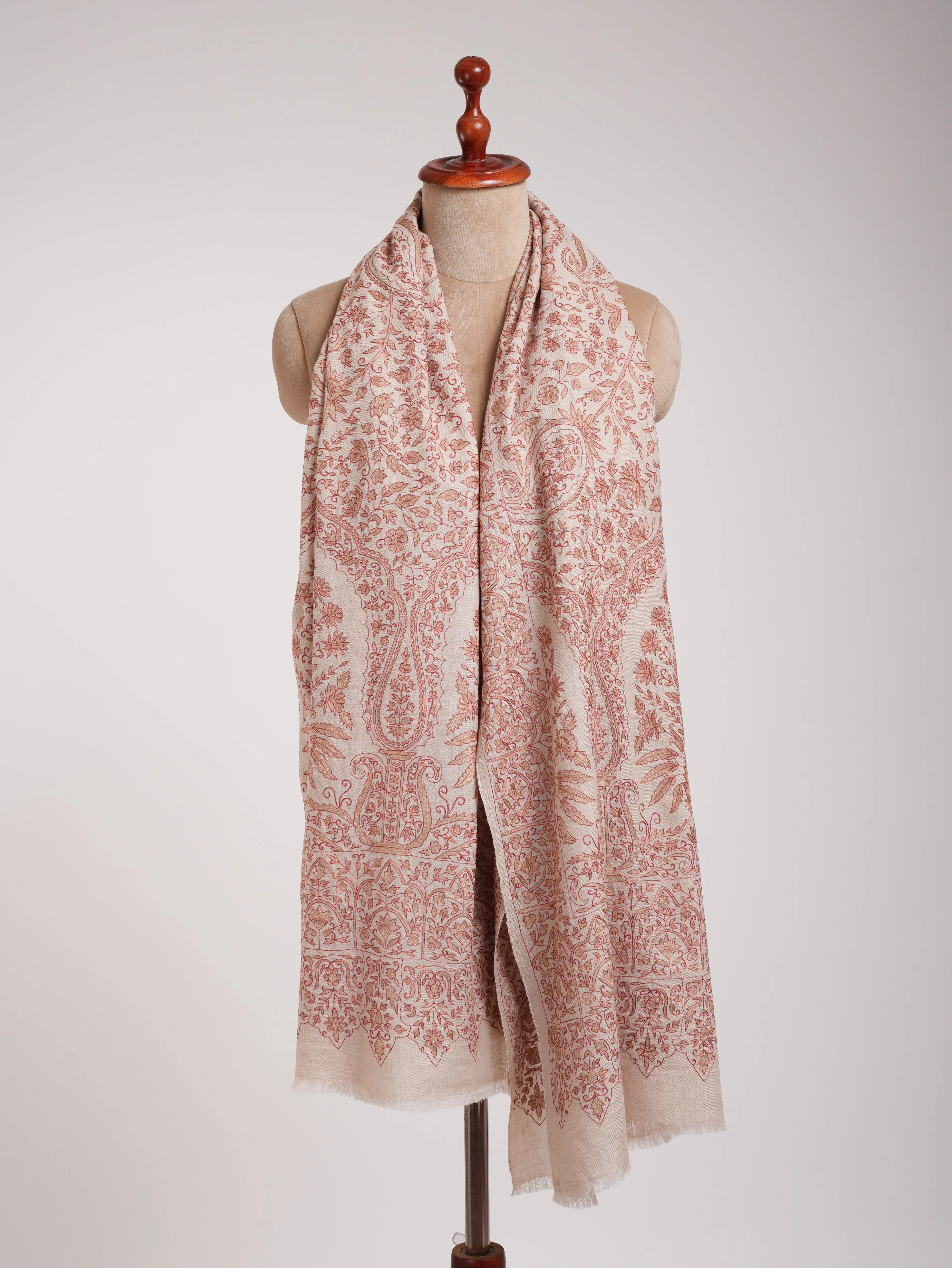 Ivory Indian Pashmina Wrap with Peach and Beige Embroidery