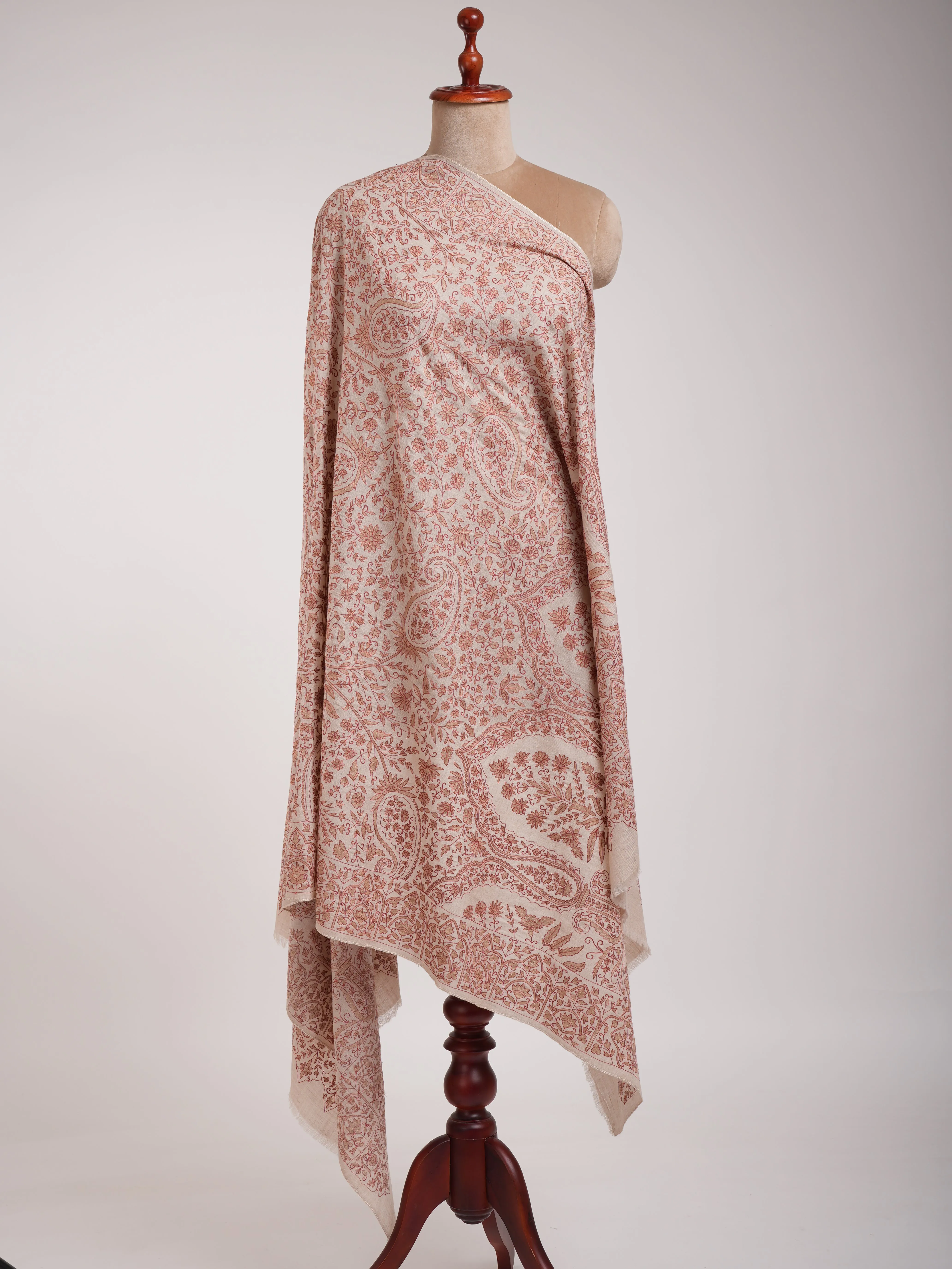 Ivory Indian Pashmina Wrap with Peach and Beige Embroidery