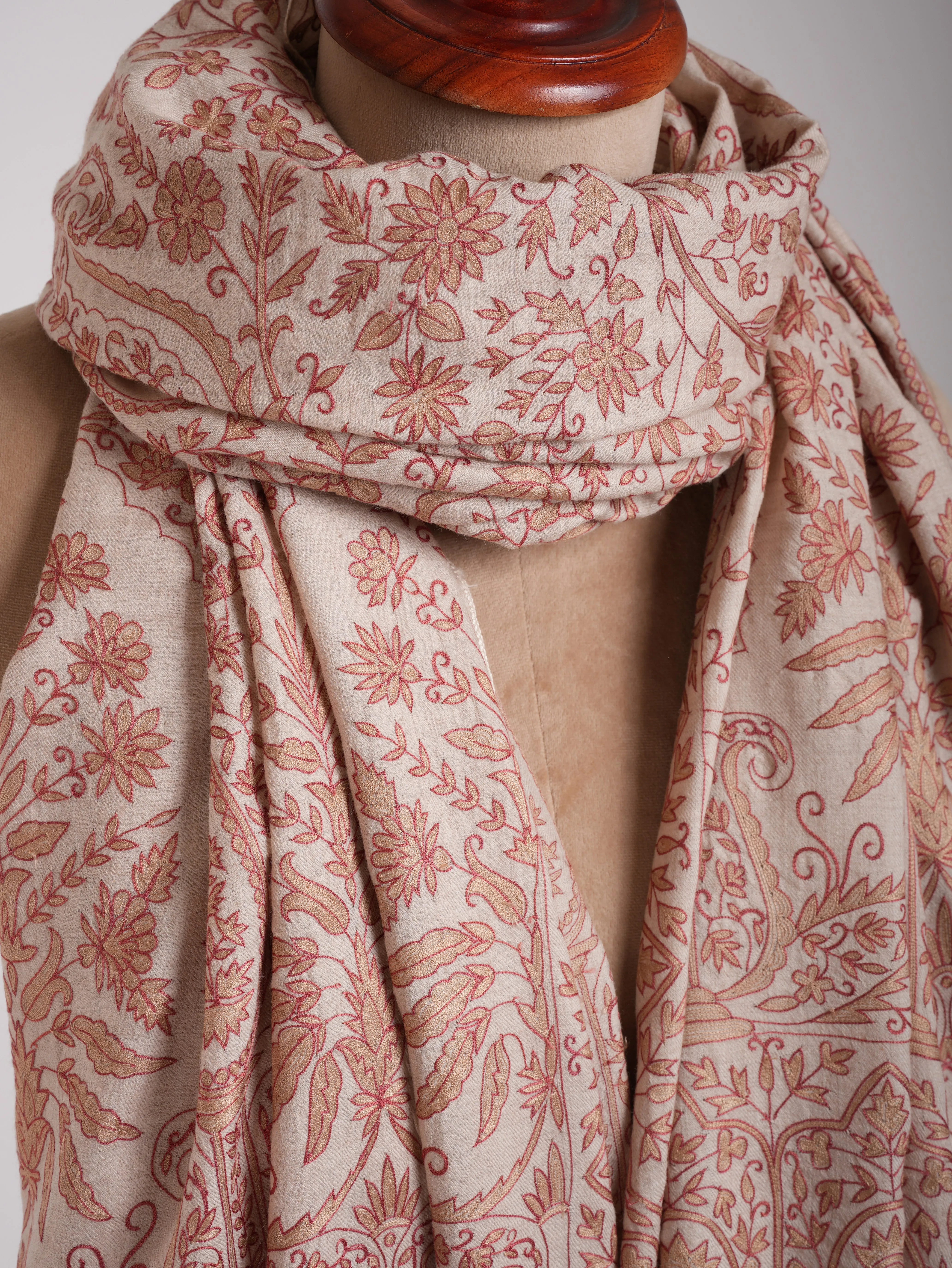 Ivory Indian Pashmina Wrap with Peach and Beige Embroidery