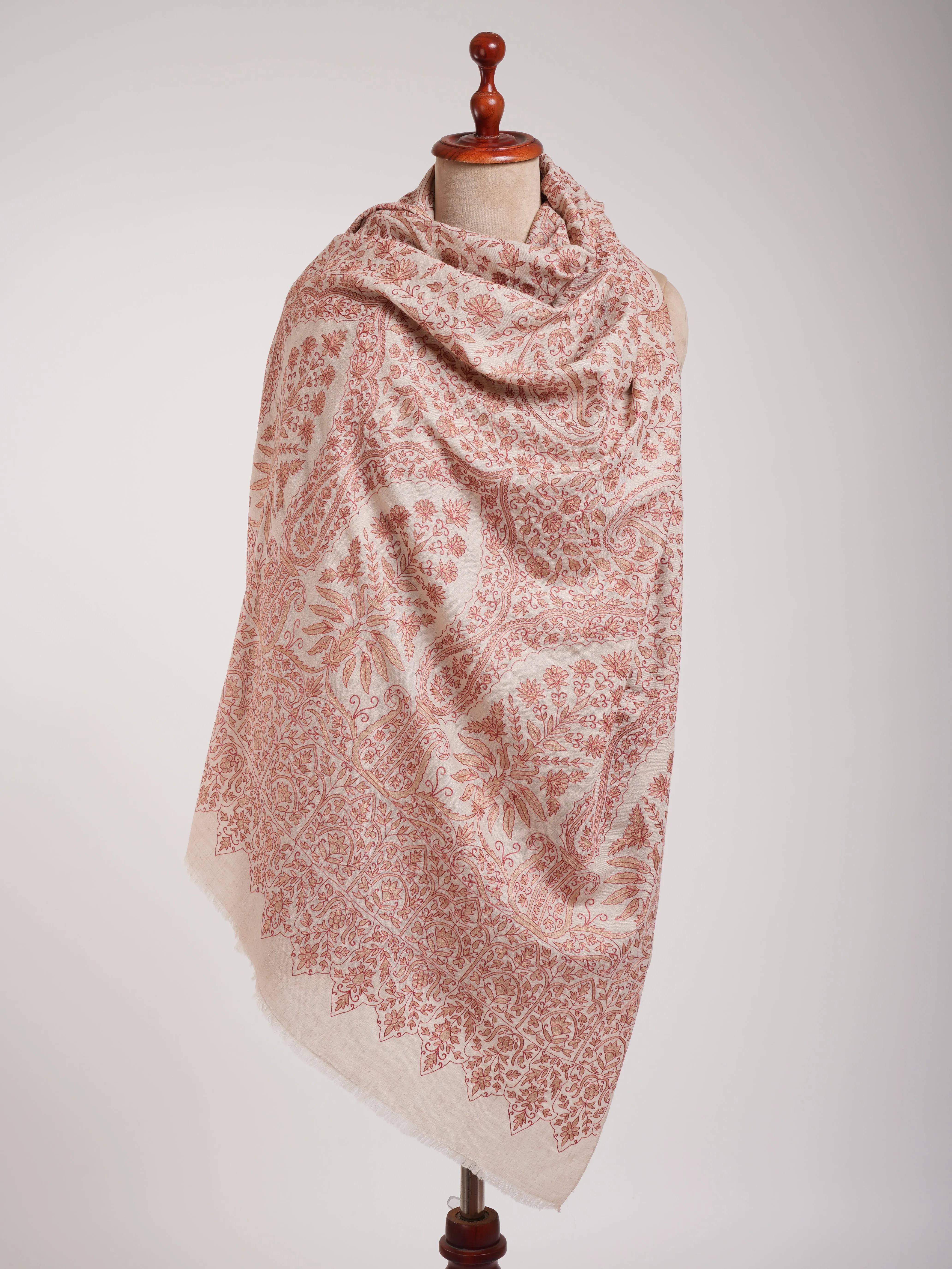 Ivory Indian Pashmina Wrap with Peach and Beige Embroidery