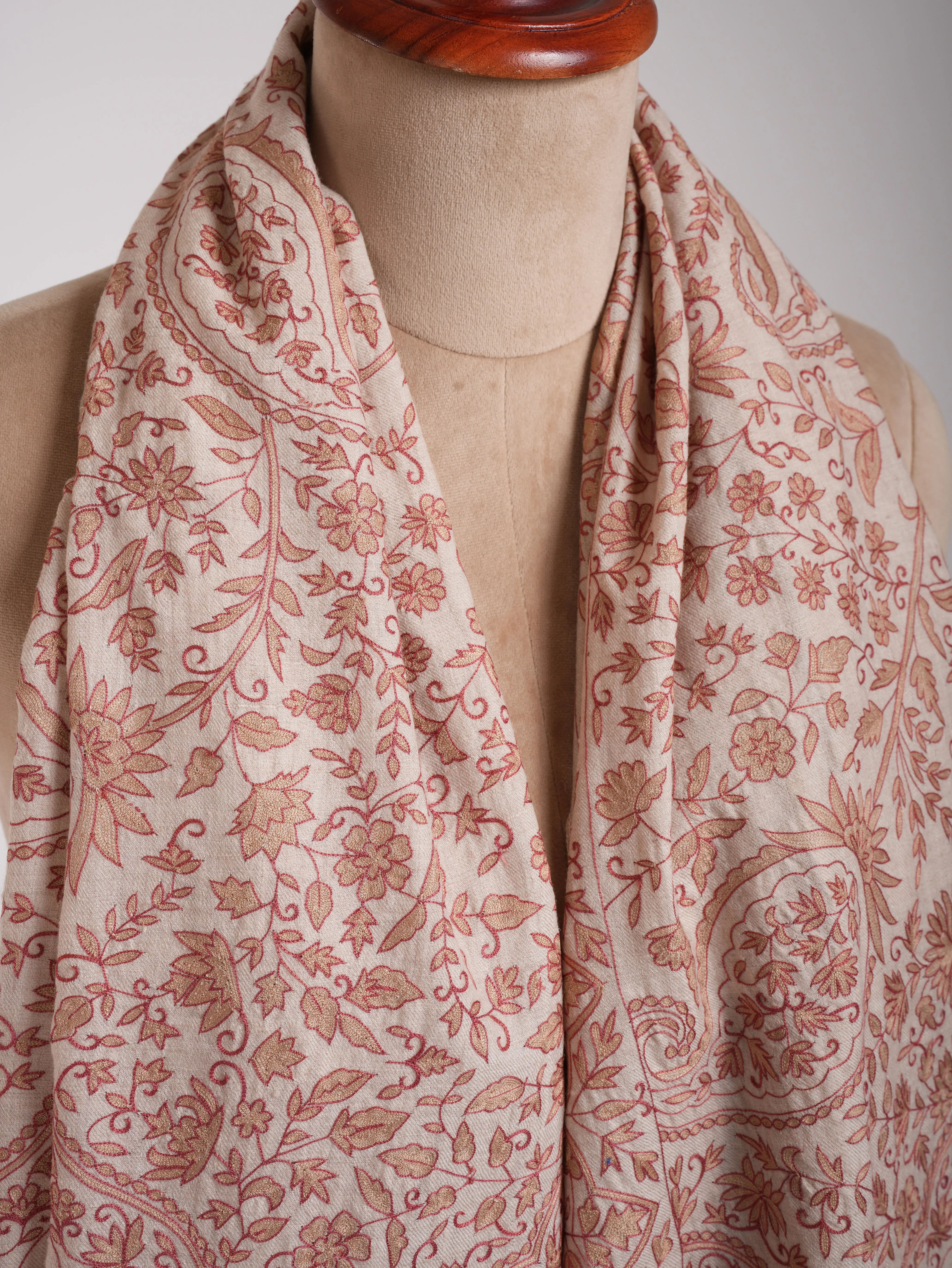 Ivory Indian Pashmina Wrap with Peach and Beige Embroidery