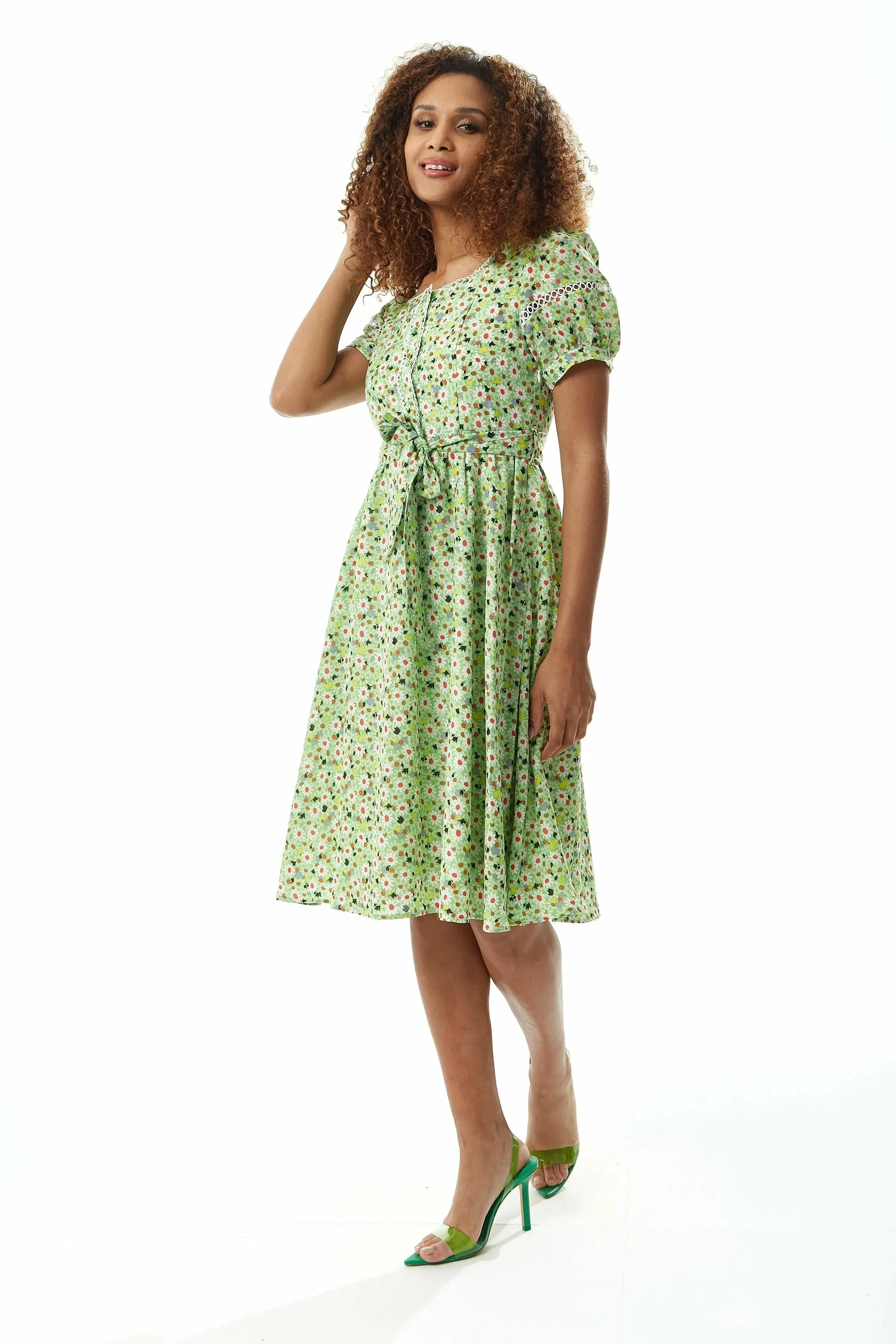 Liquorish Floral Midi Dress With Trim Lace Details