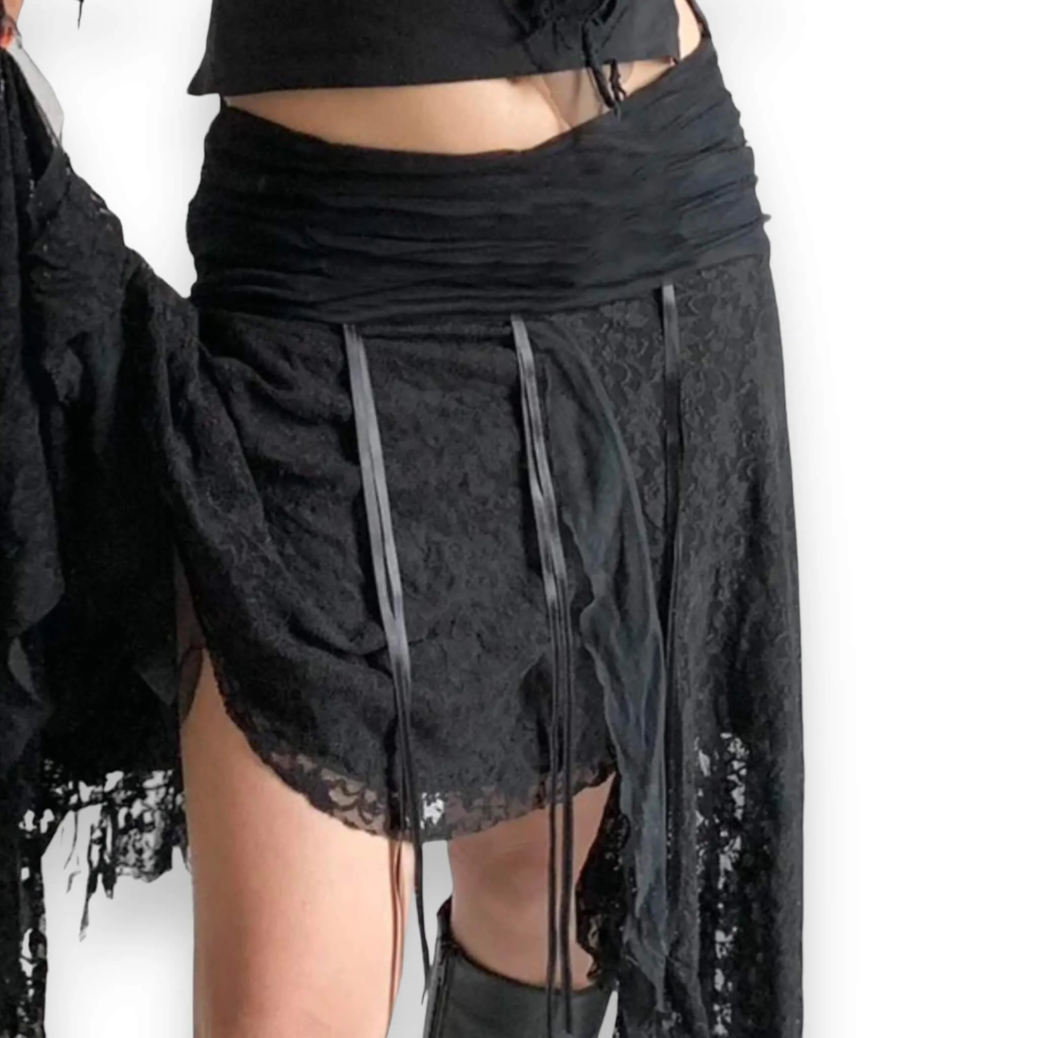 Low Rise Black Lace Ribbon Midi Skirt