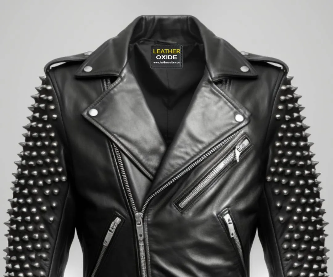 Men Black Biker Studded Leather Jacket