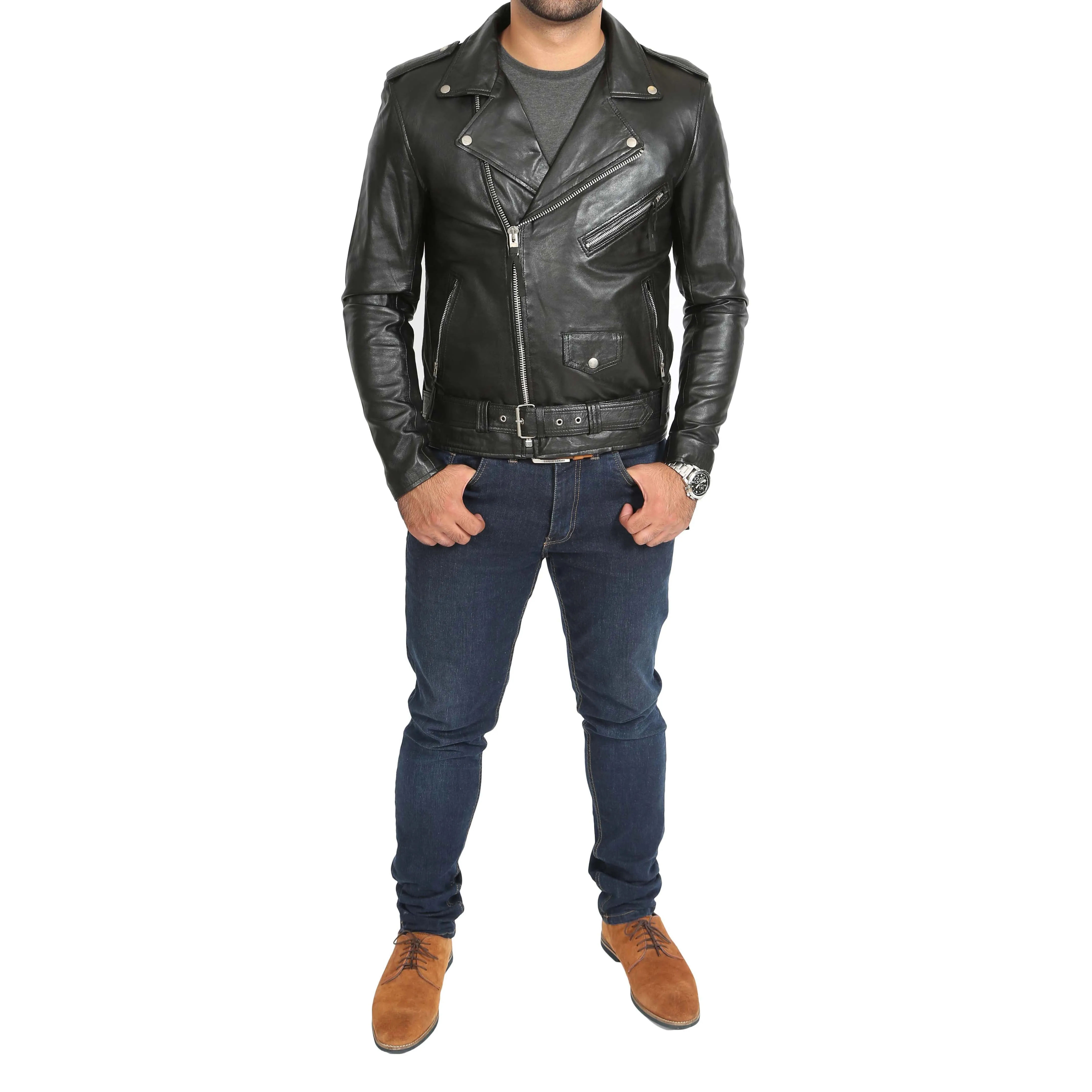 Mens Brando Biker Leather Jacket Elvis Black