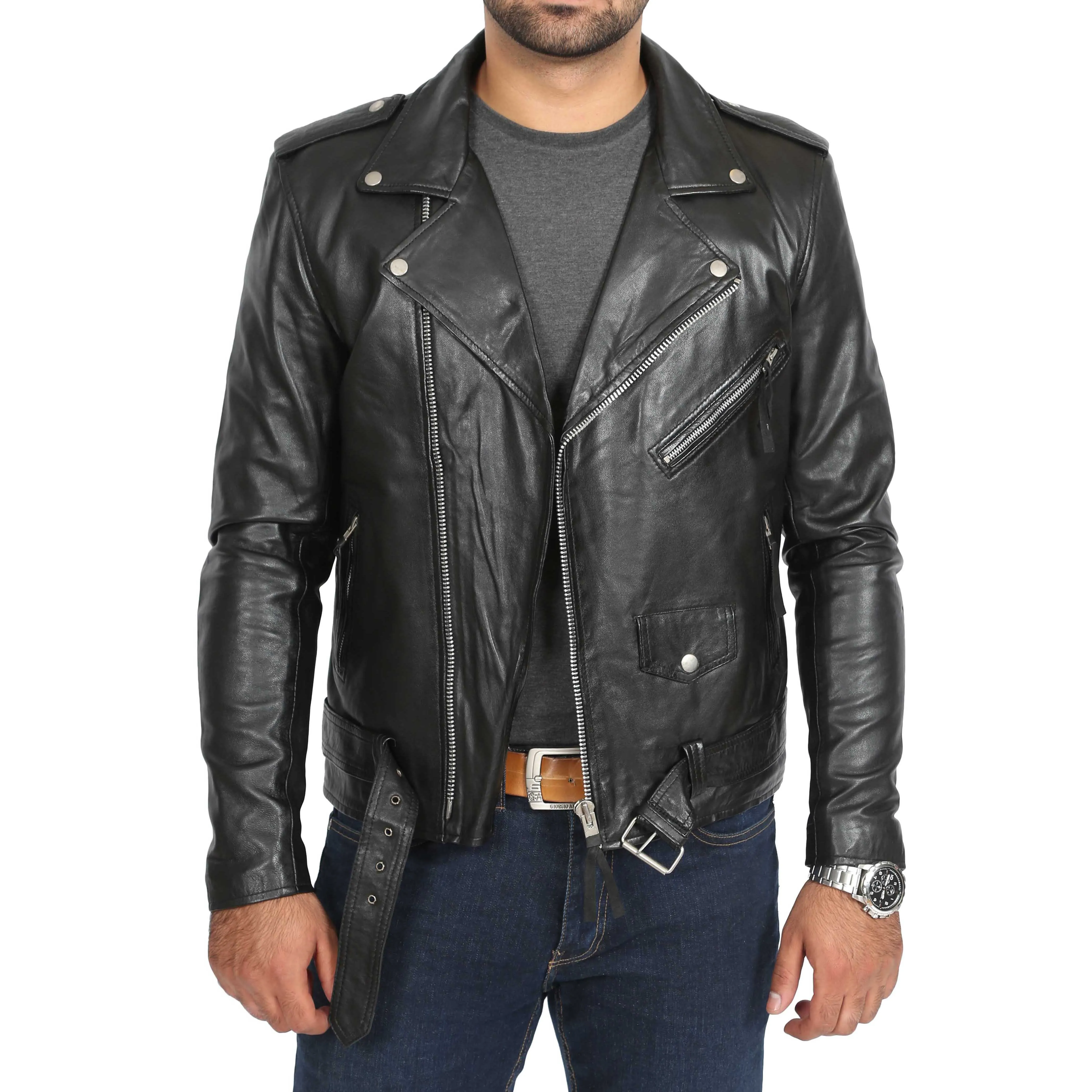 Mens Brando Biker Leather Jacket Elvis Black