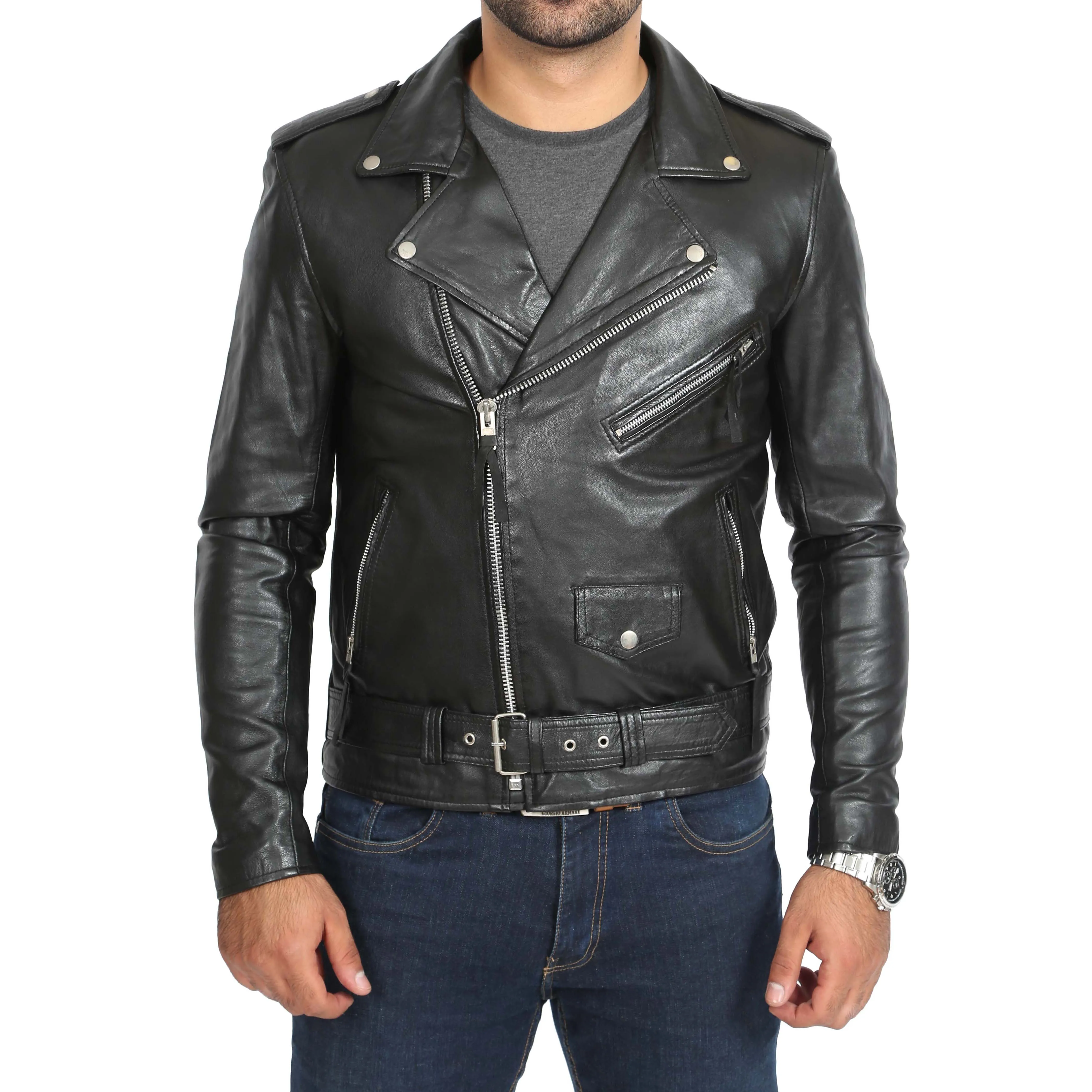 Mens Brando Biker Leather Jacket Elvis Black