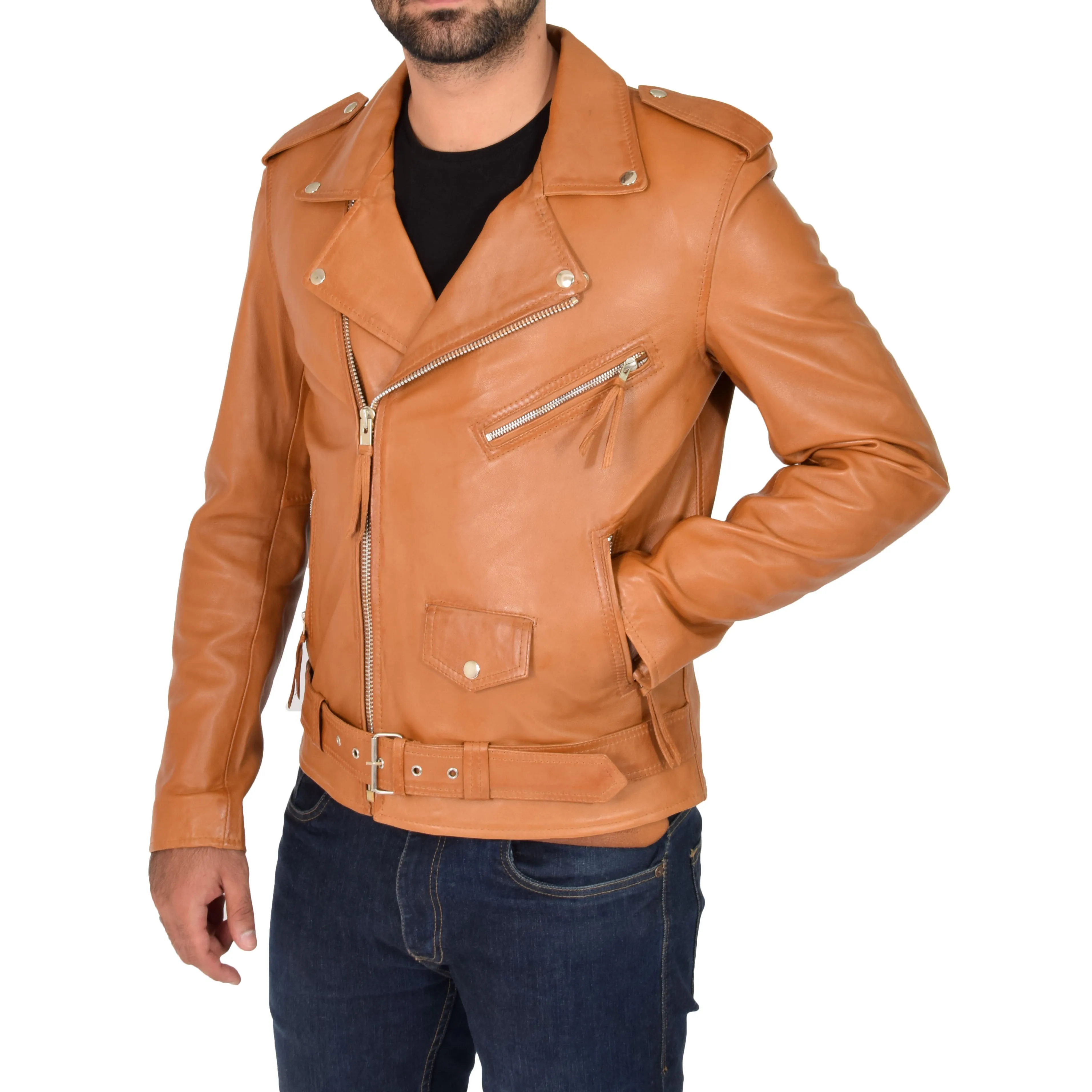 Mens Brando Biker Leather Jacket Elvis Tan