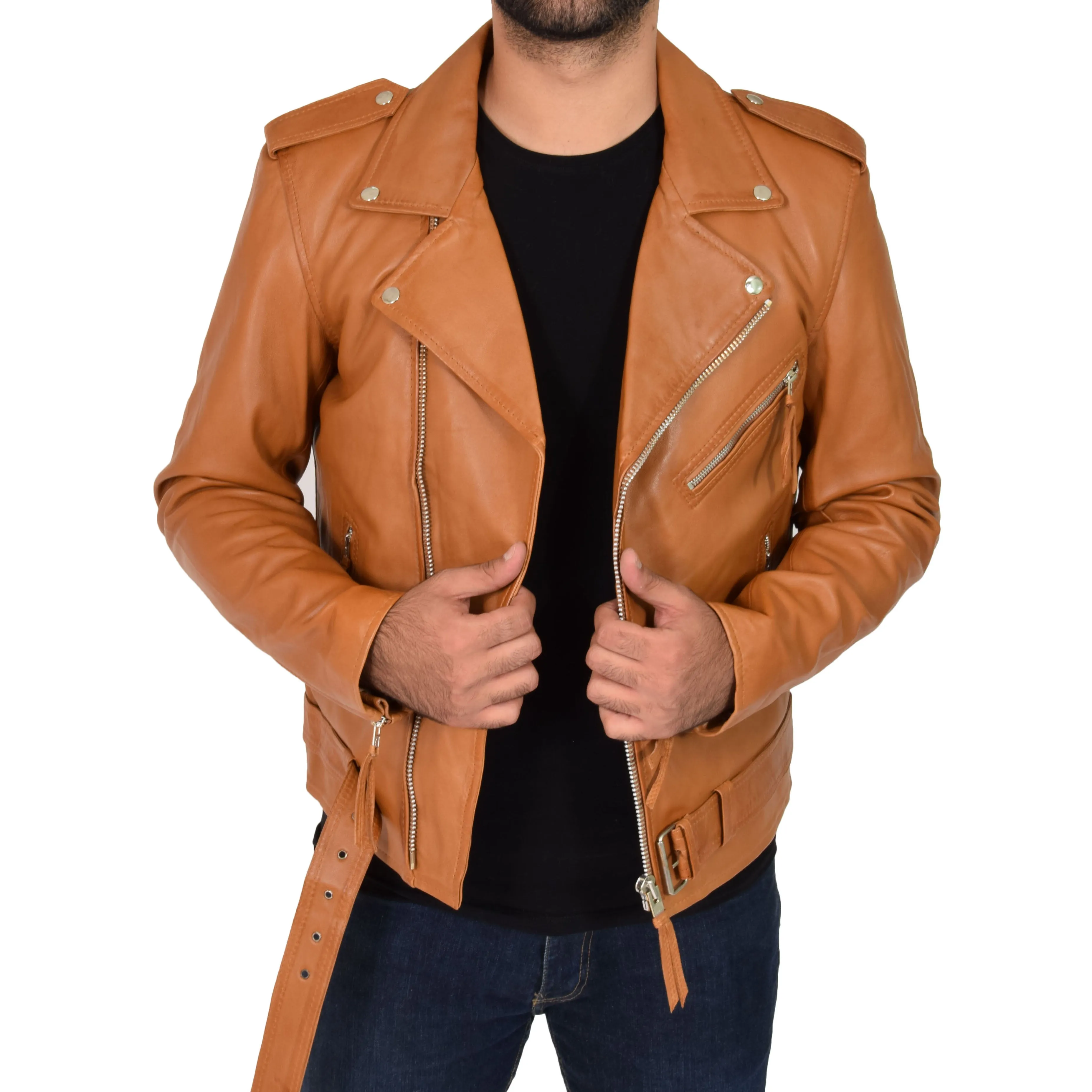 Mens Brando Biker Leather Jacket Elvis Tan