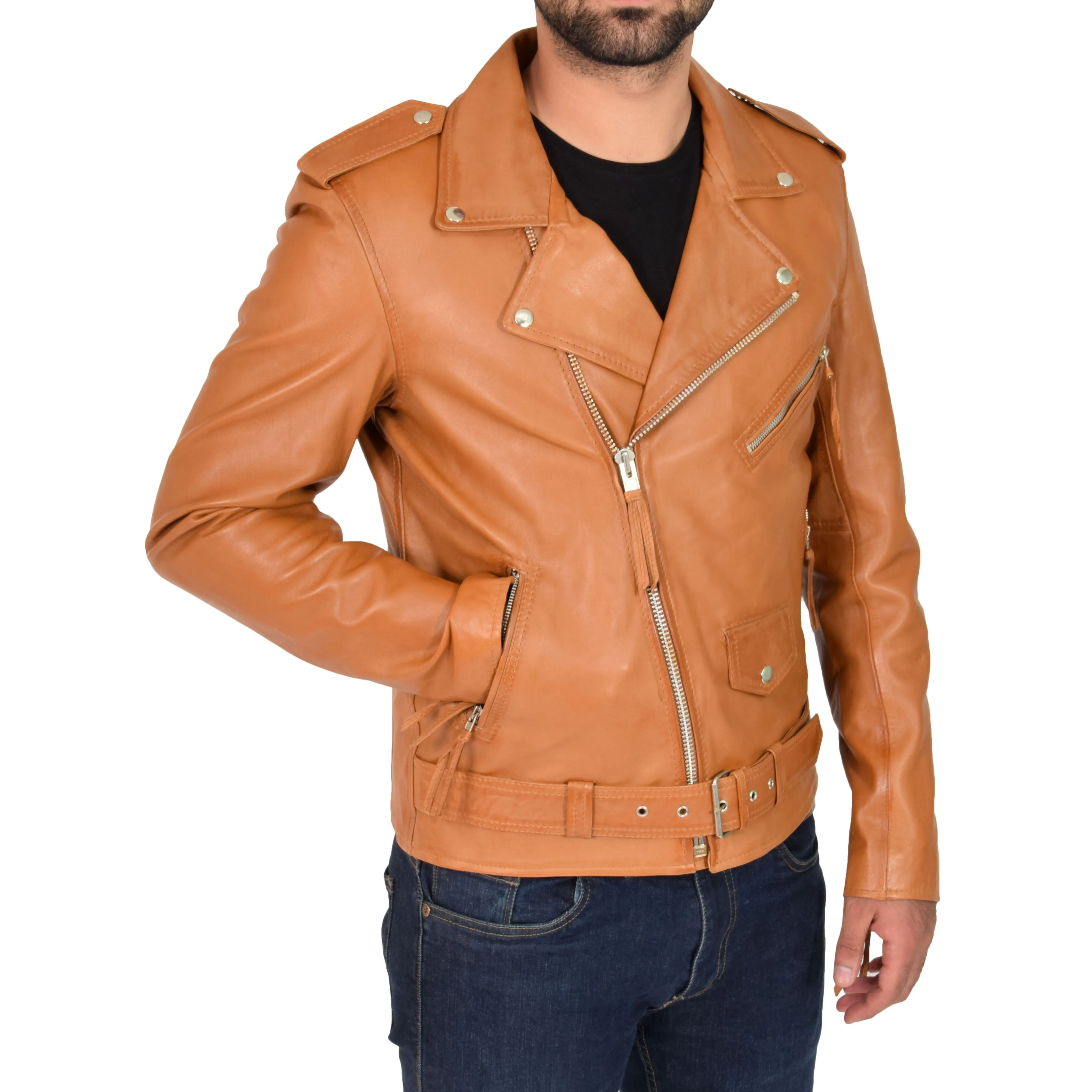 Mens Brando Biker Leather Jacket Elvis Tan