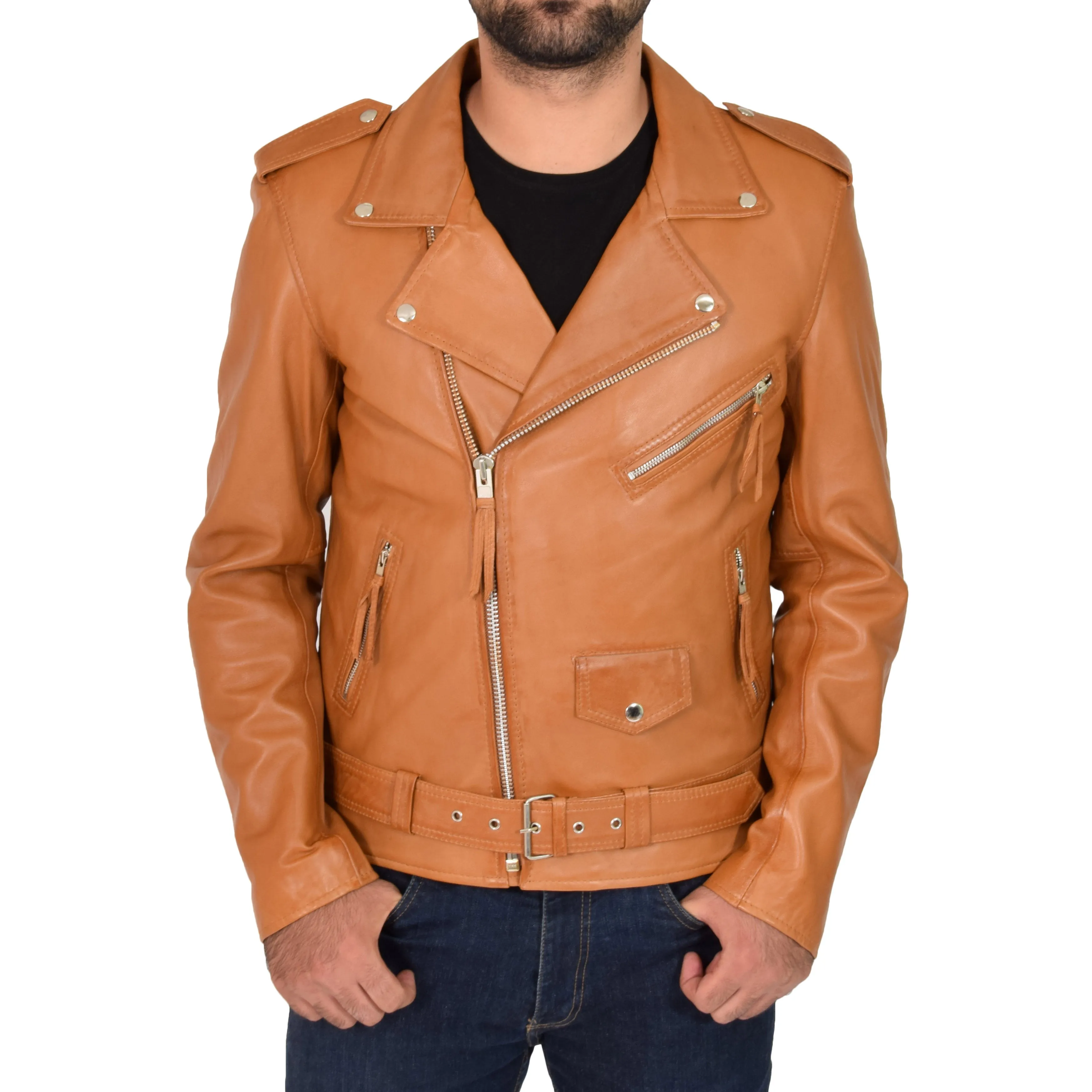 Mens Brando Biker Leather Jacket Elvis Tan