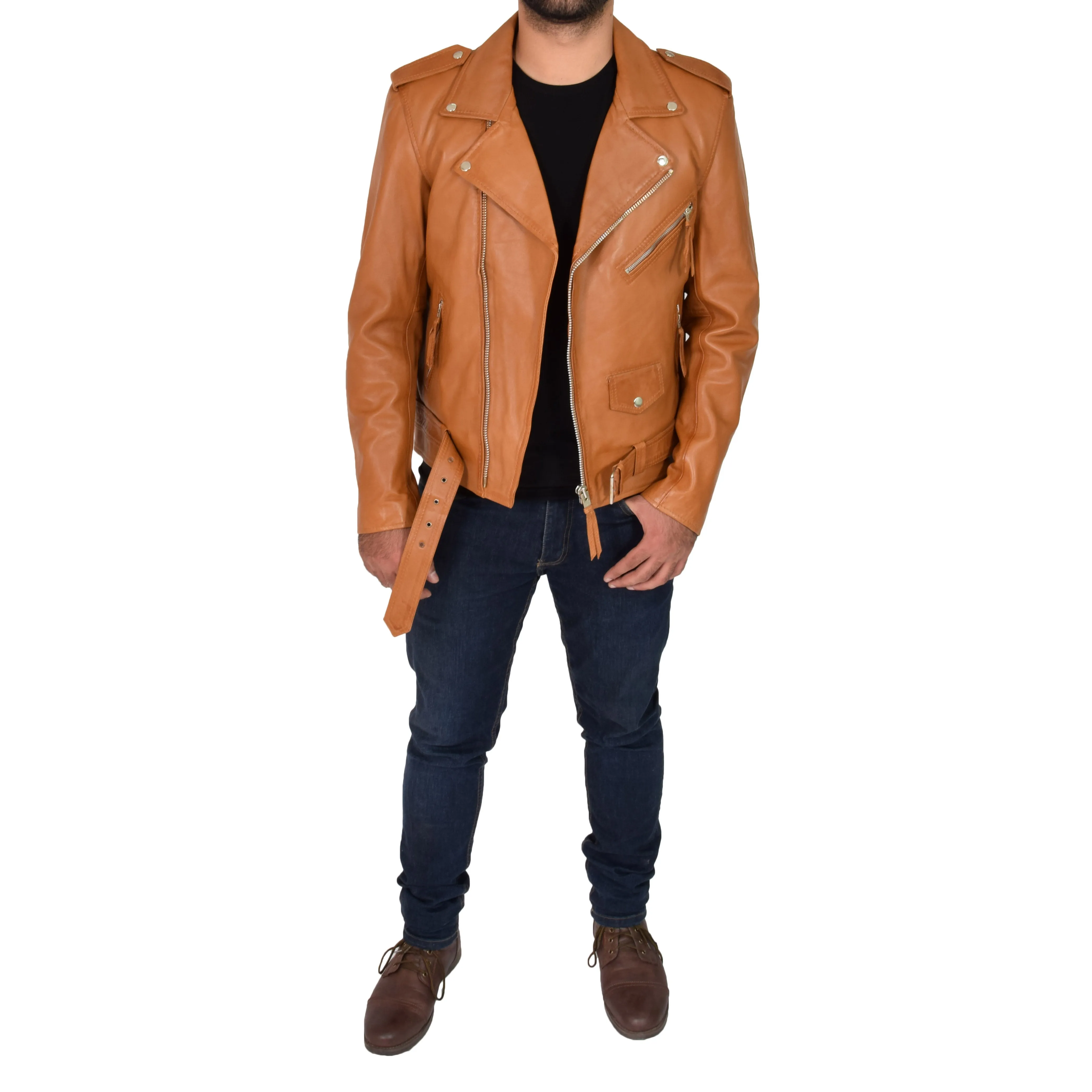 Mens Brando Biker Leather Jacket Elvis Tan