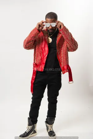 Men's Fully Studded Biker Jacket [Red/Gold]