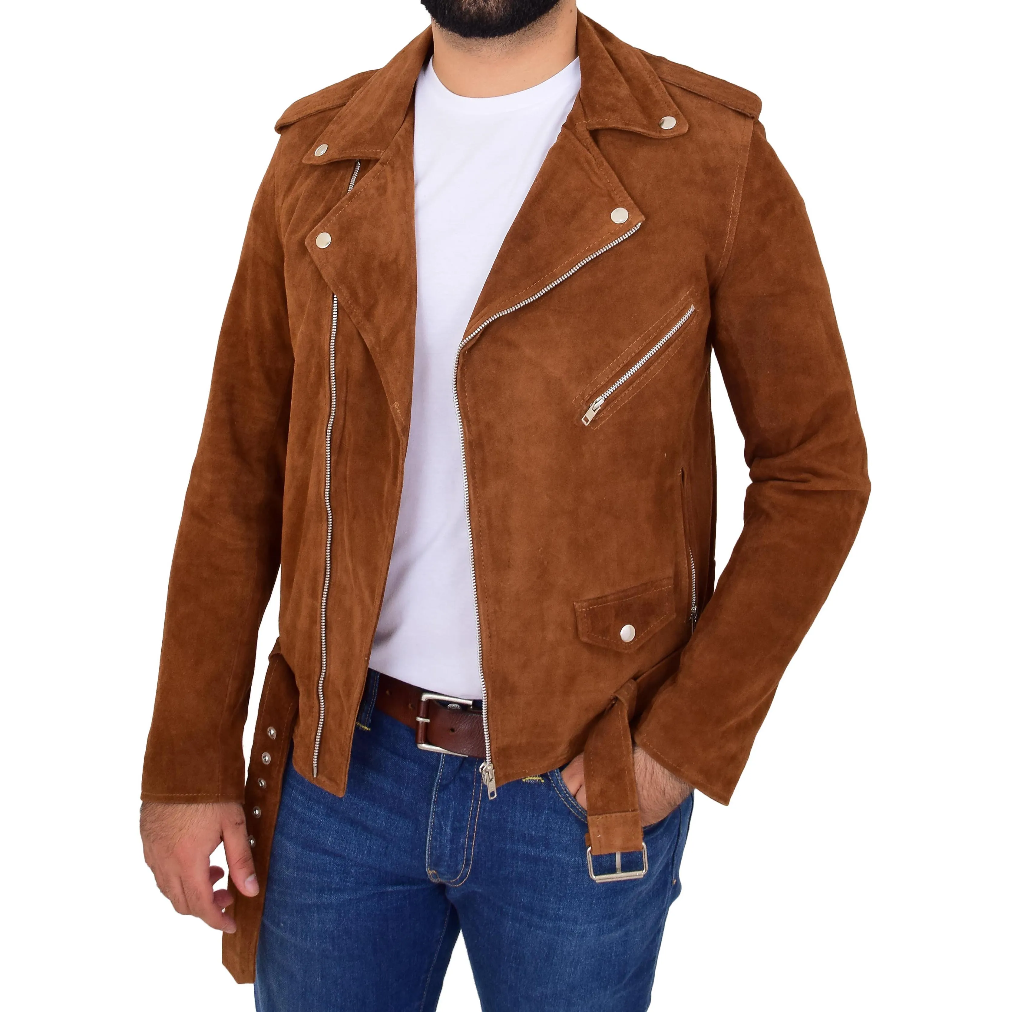 Mens Genuine Suede Leather Biker Jacket Jay Cognac