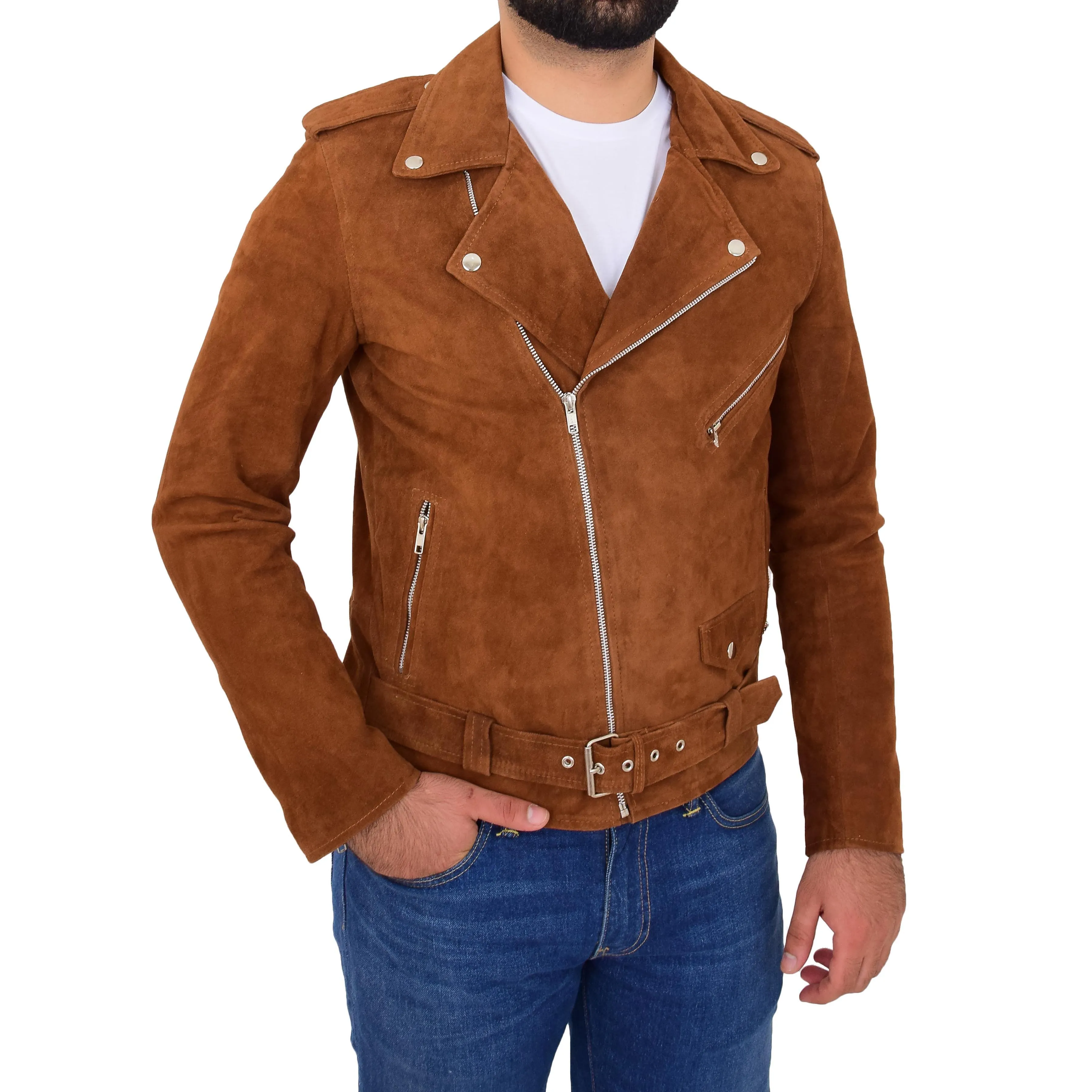 Mens Genuine Suede Leather Biker Jacket Jay Cognac