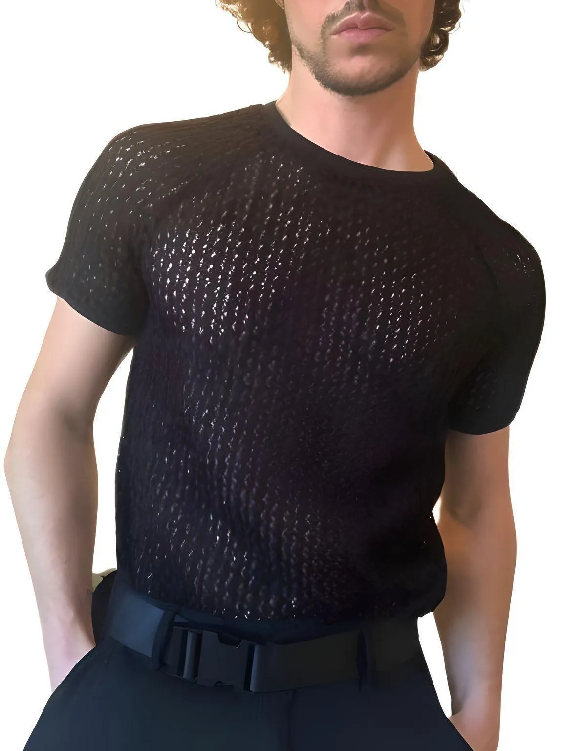 Men's Hollow Out See Through Streetwear Short Sleeve O Neck Top