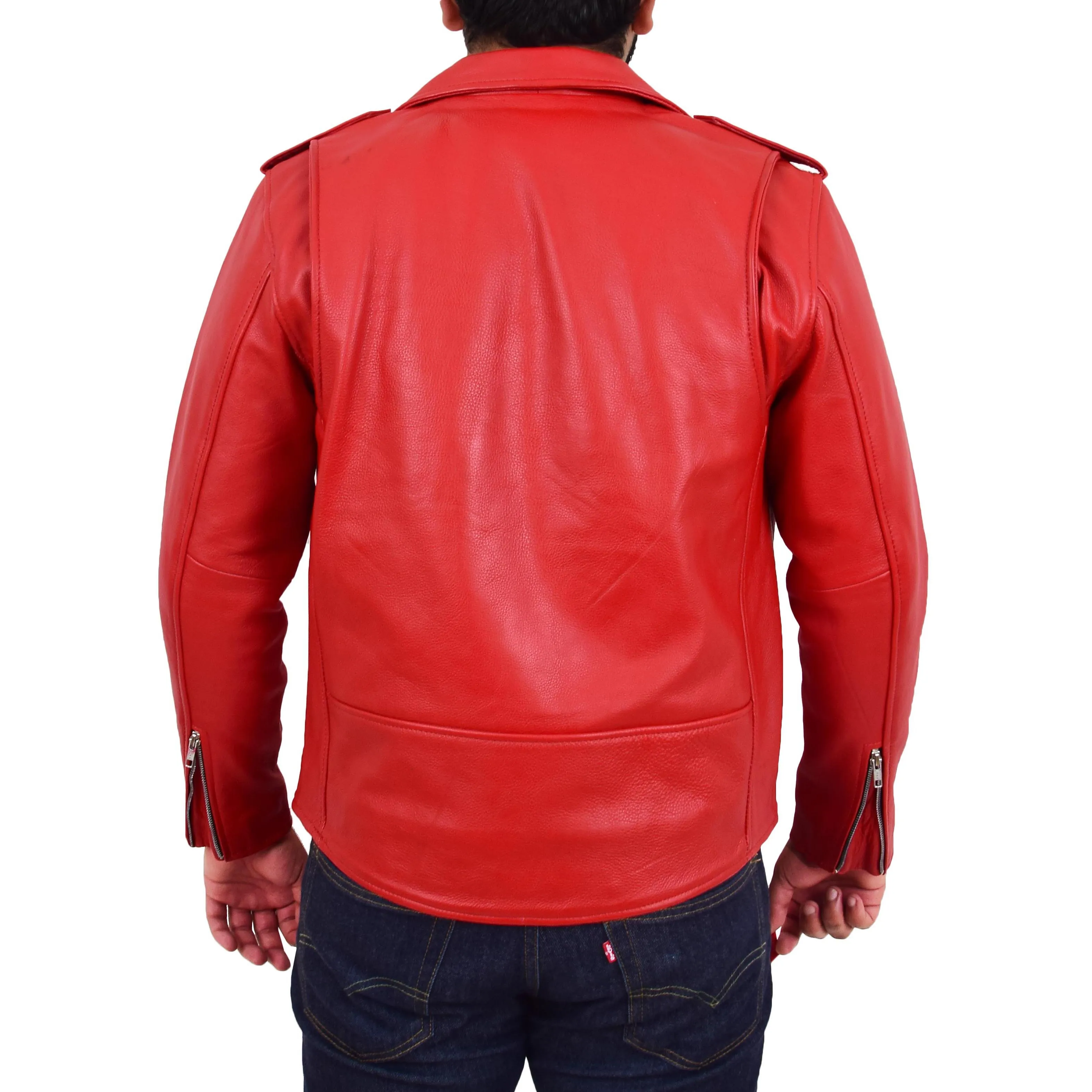 Mens Real Cowhide Biker Leather Jacket Rock Red