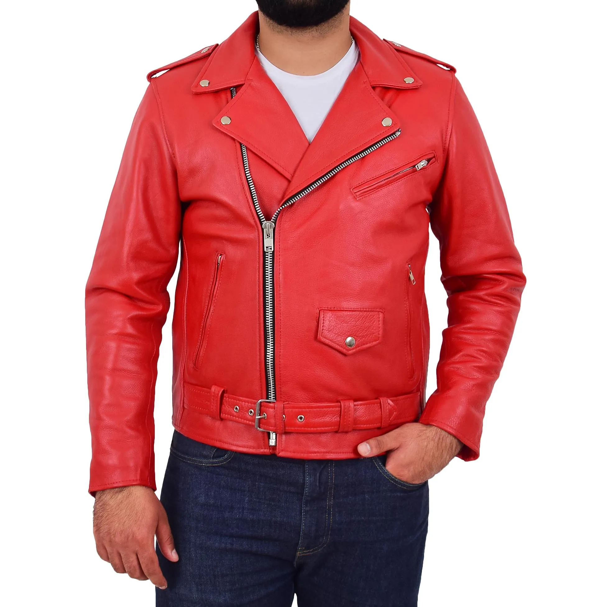 Mens Real Cowhide Biker Leather Jacket Rock Red