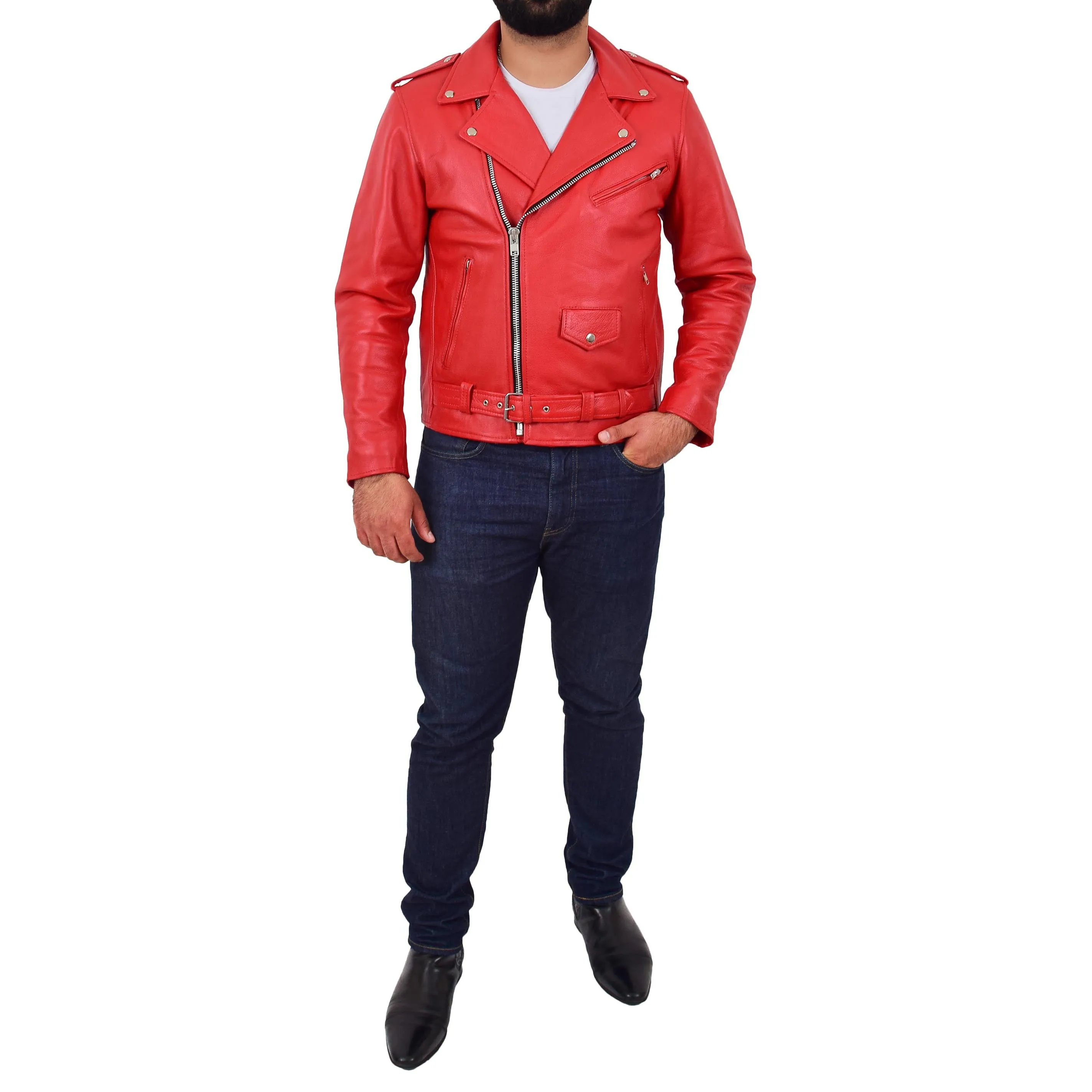 Mens Real Cowhide Biker Leather Jacket Rock Red