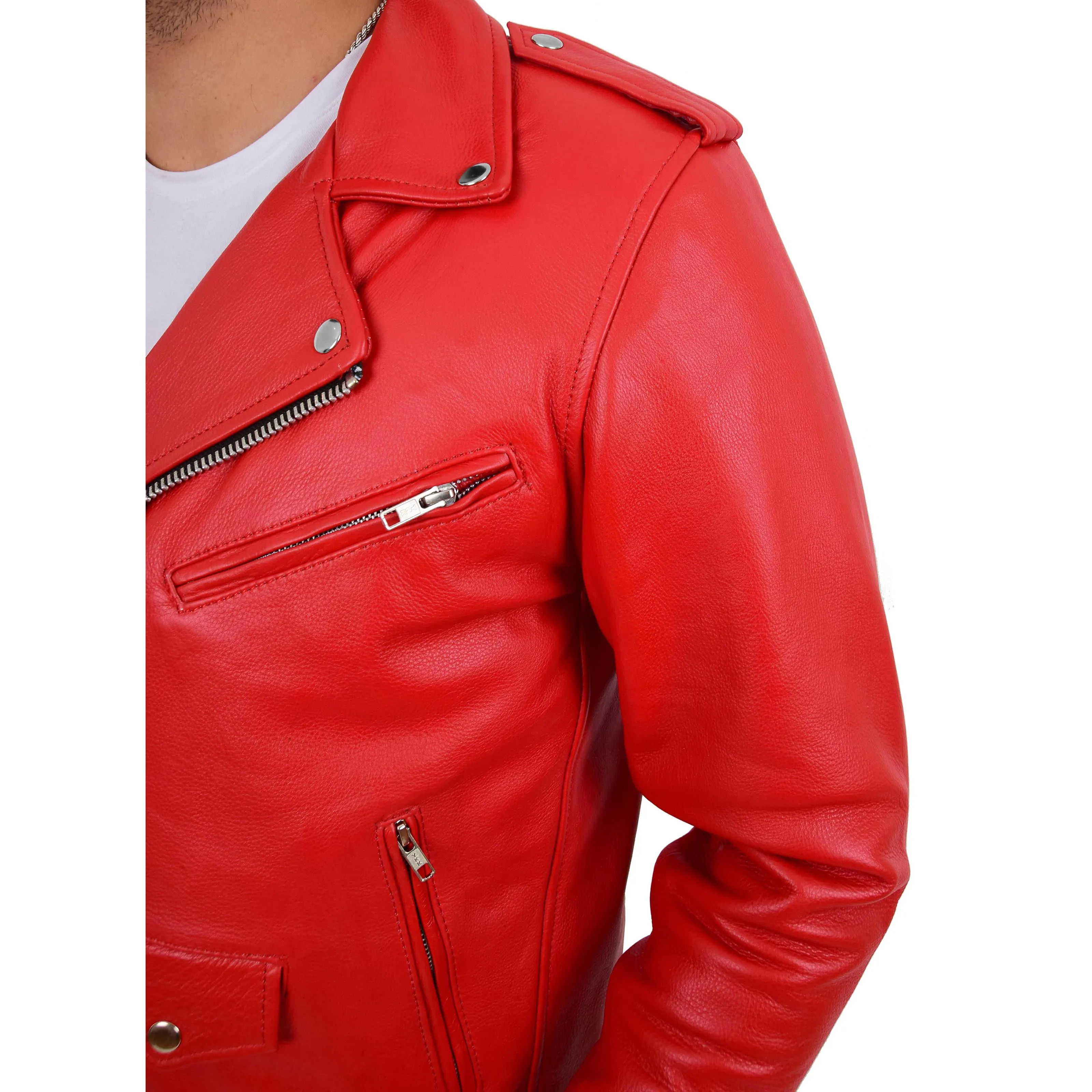 Mens Real Cowhide Biker Leather Jacket Rock Red