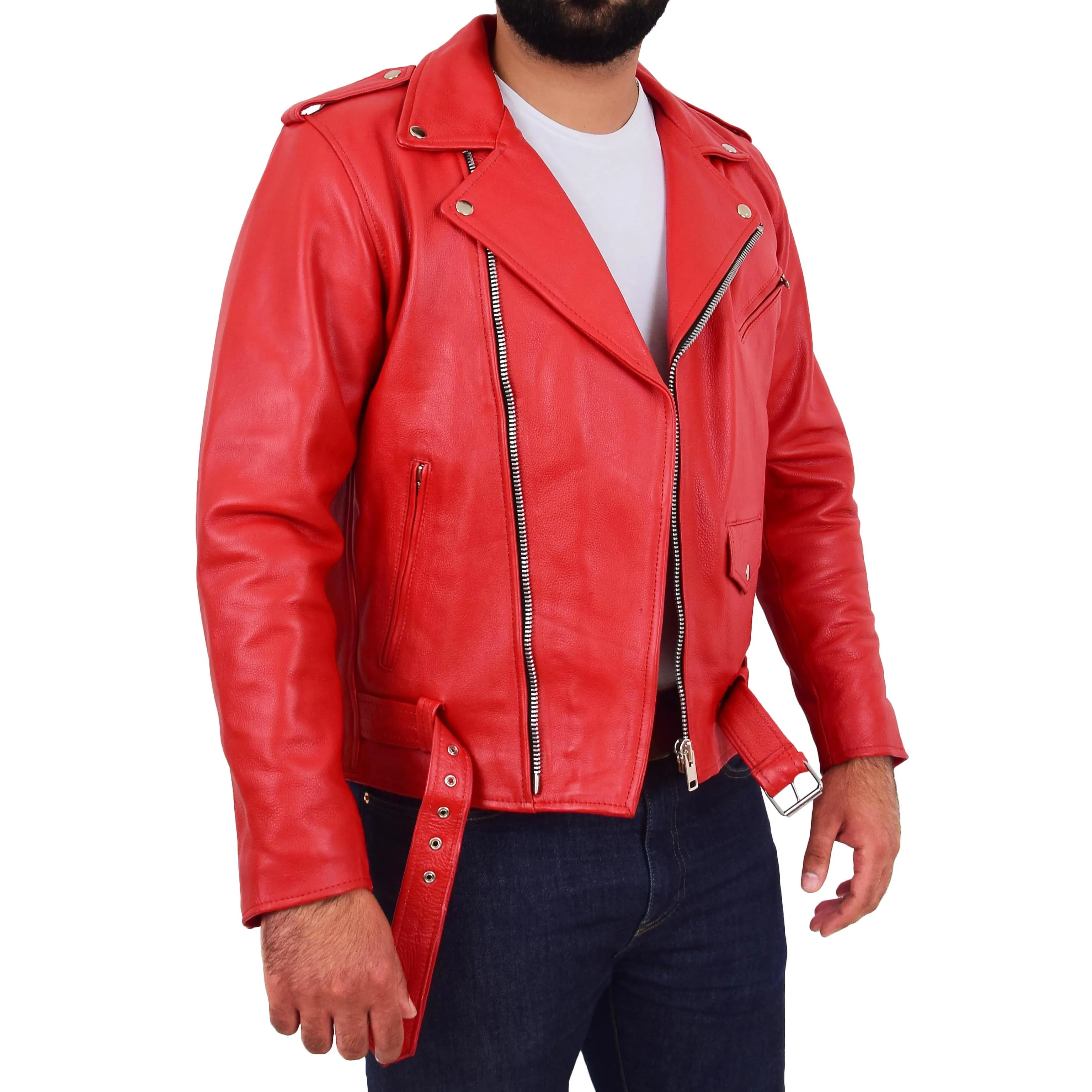 Mens Real Cowhide Biker Leather Jacket Rock Red