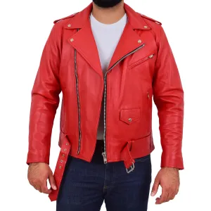 Mens Real Cowhide Biker Leather Jacket Rock Red