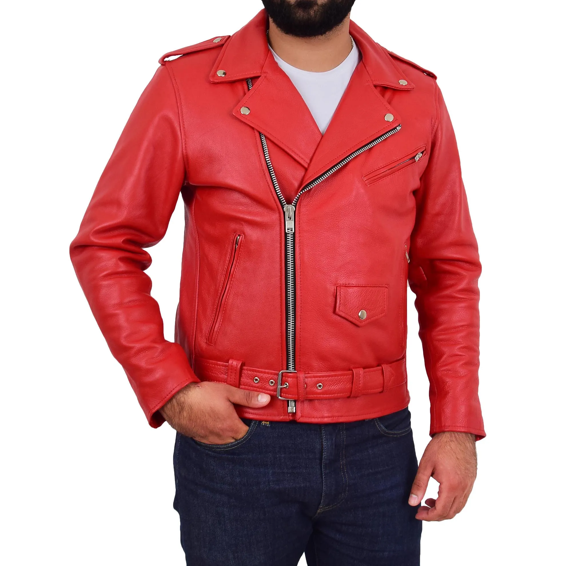 Mens Real Cowhide Biker Leather Jacket Rock Red