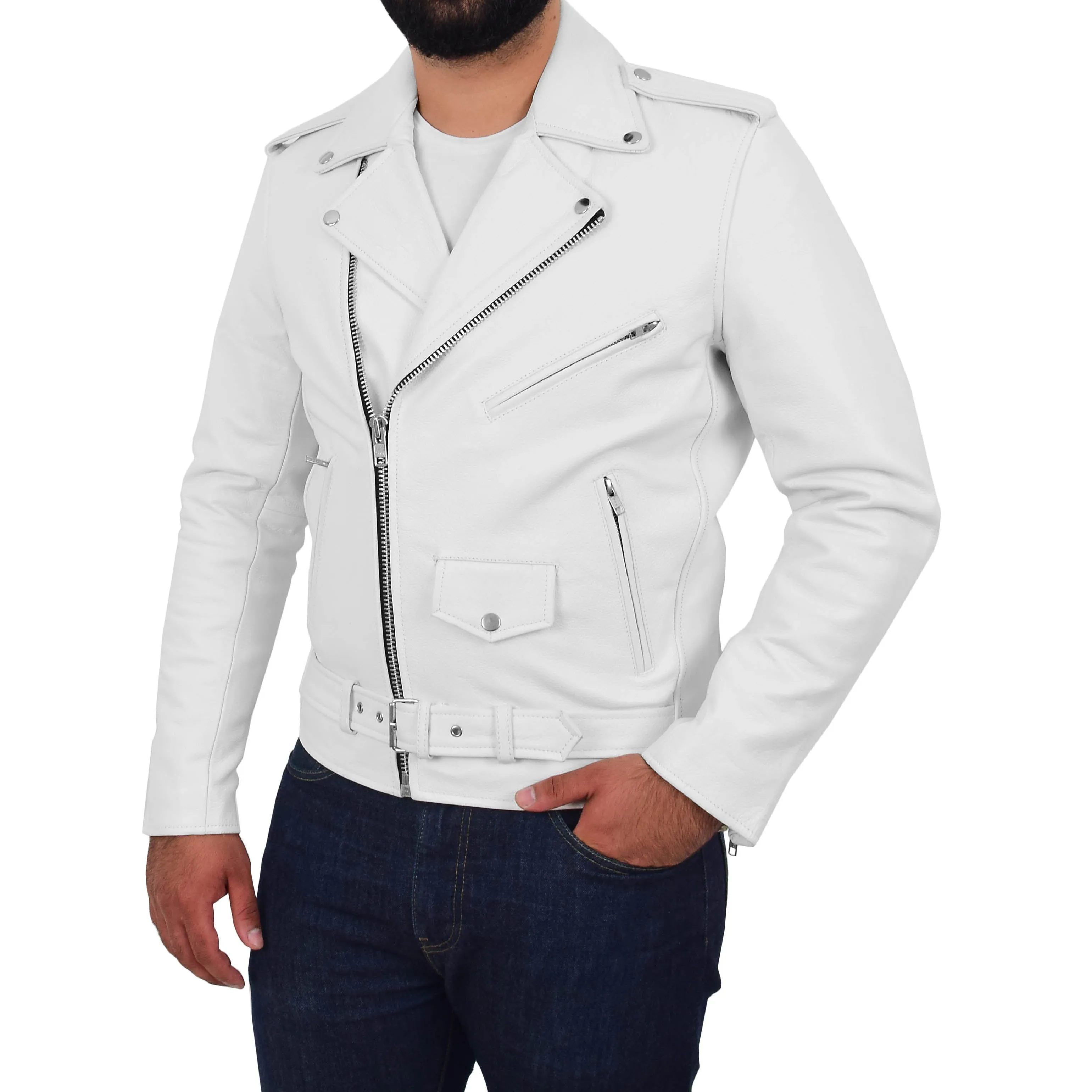 Mens Real Cowhide Biker Leather Jacket Rock White