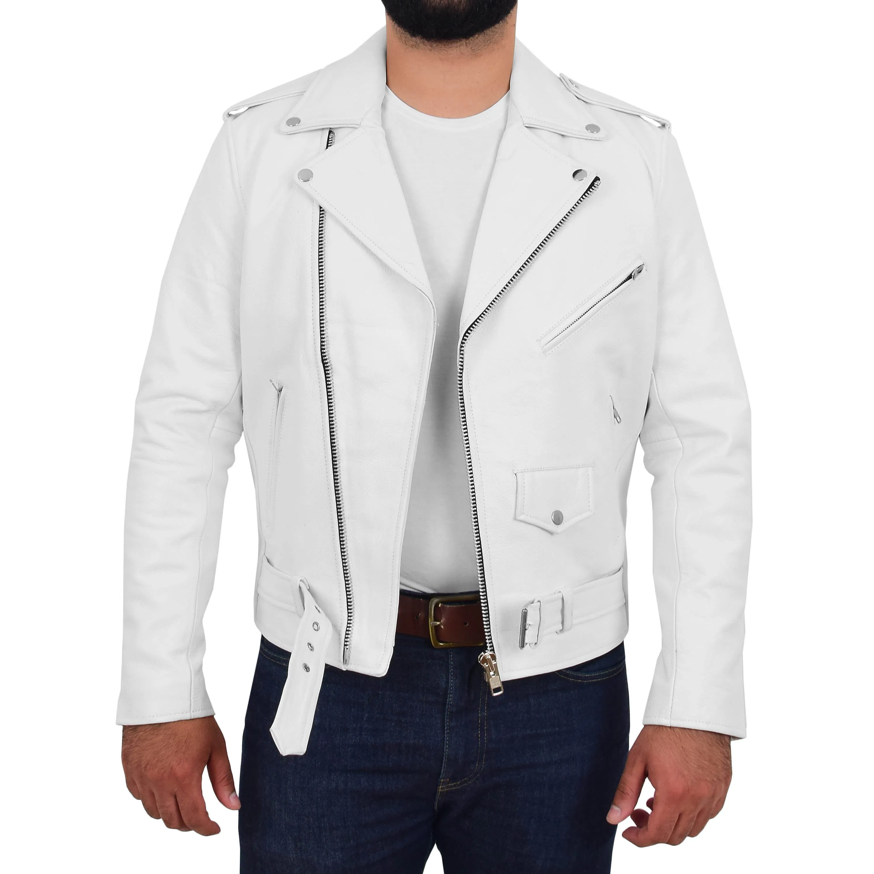 Mens Real Cowhide Biker Leather Jacket Rock White