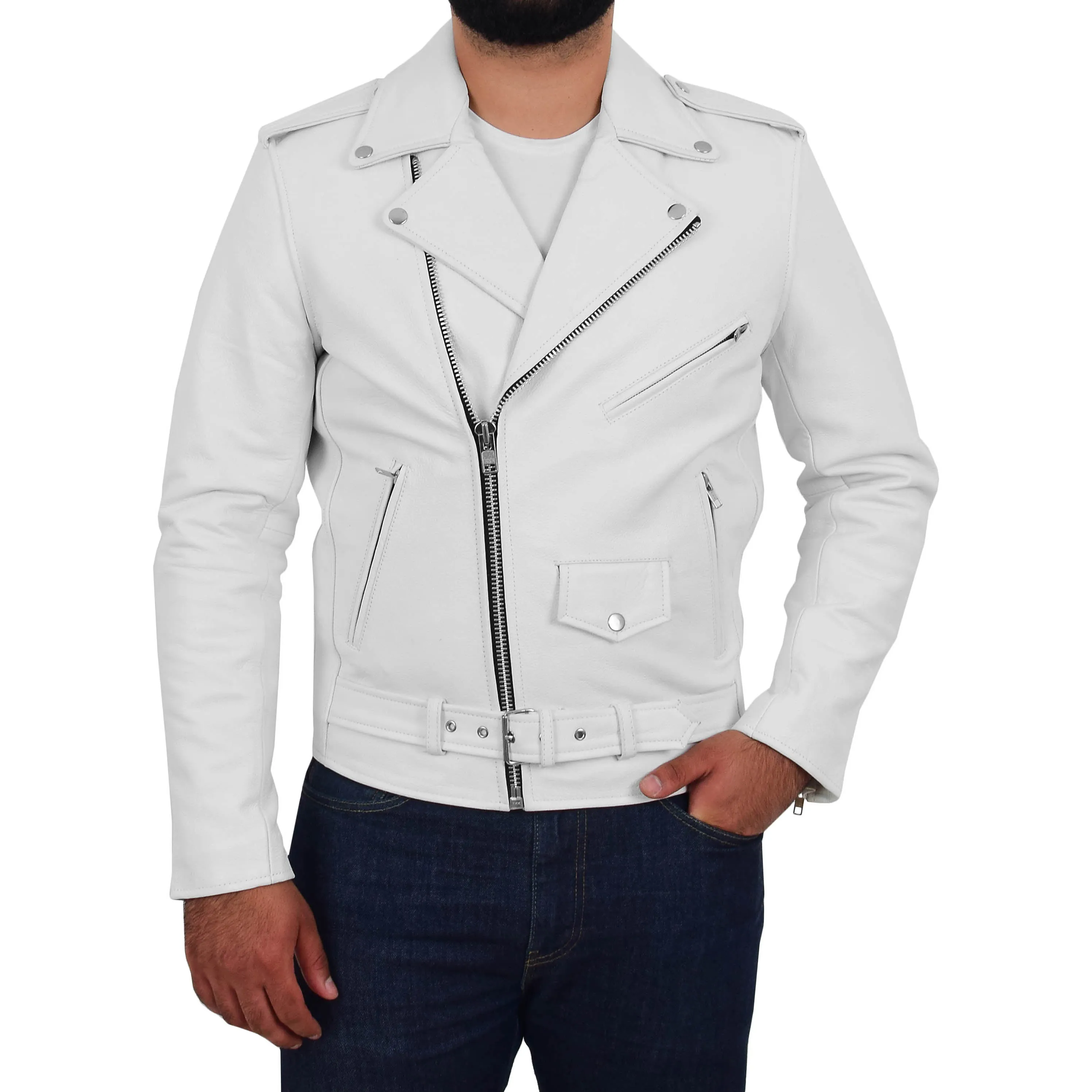 Mens Real Cowhide Biker Leather Jacket Rock White