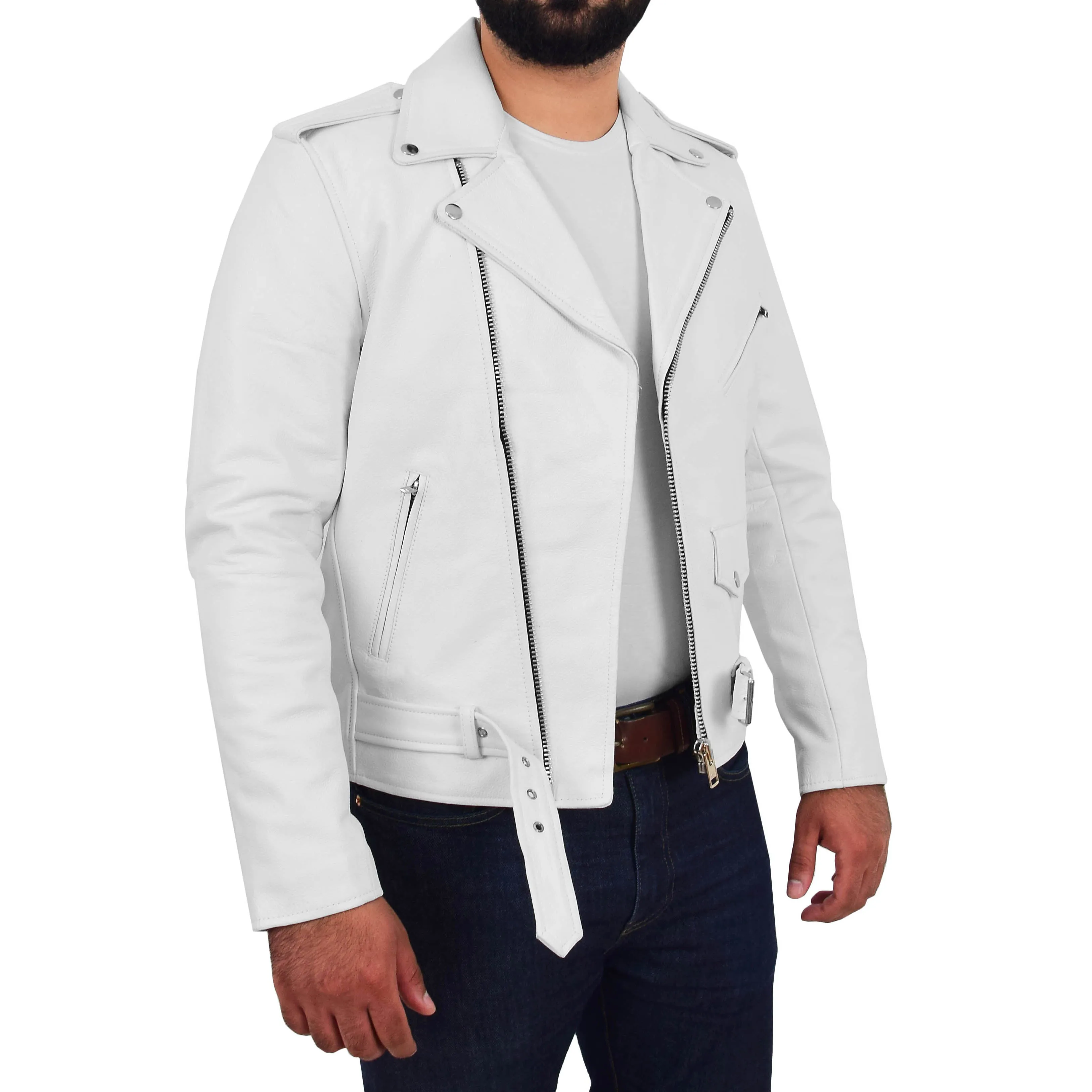 Mens Real Cowhide Biker Leather Jacket Rock White