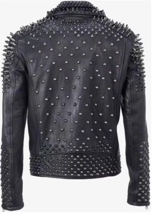 Men's Studded Spike Leather Jacket - Handmade Biker Rock Punk, Genuine Cowhide