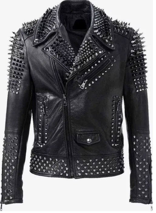 Men's Studded Spike Leather Jacket - Handmade Biker Rock Punk, Genuine Cowhide