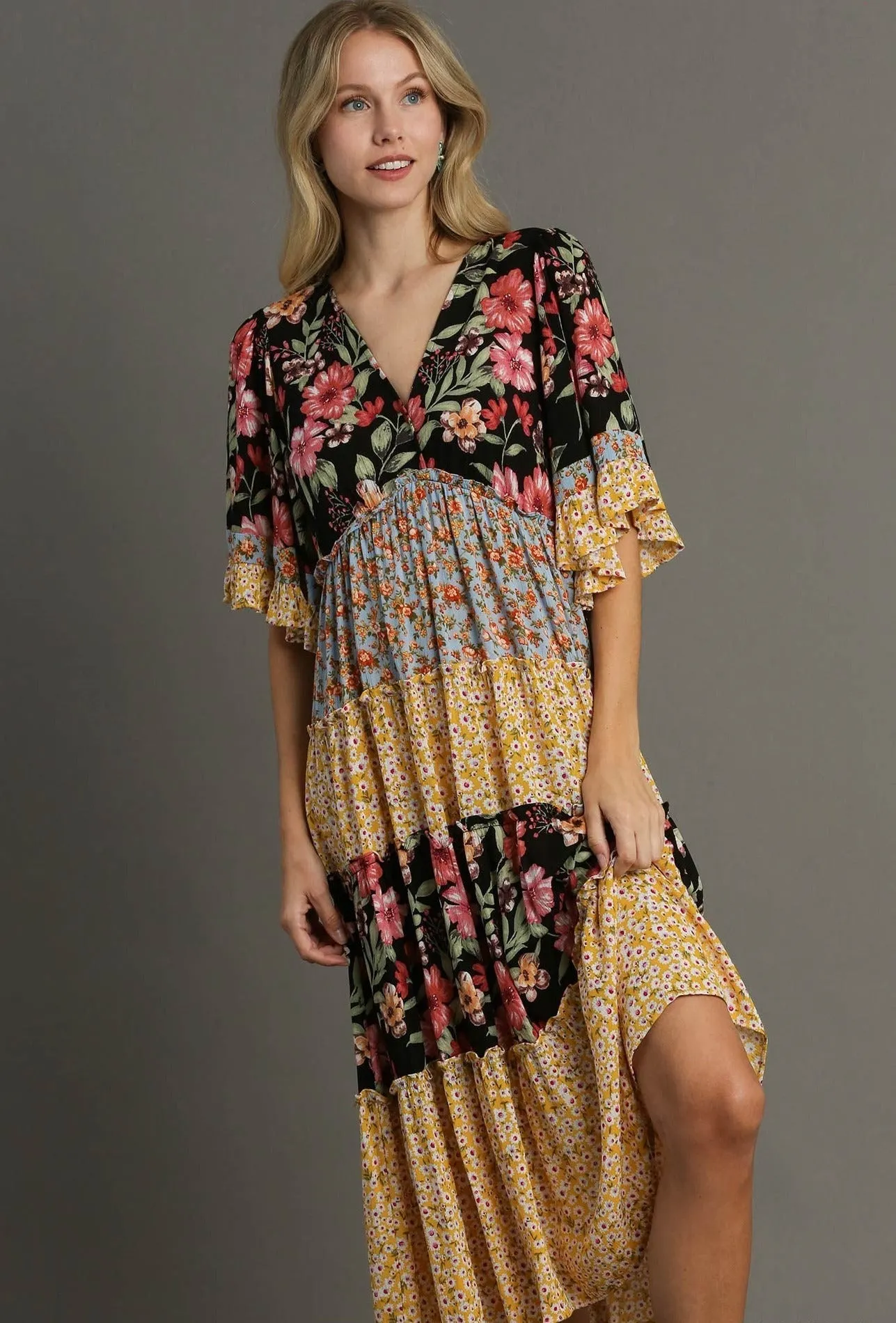 Mixed Floral Print Bohemian Midi Dress, Black