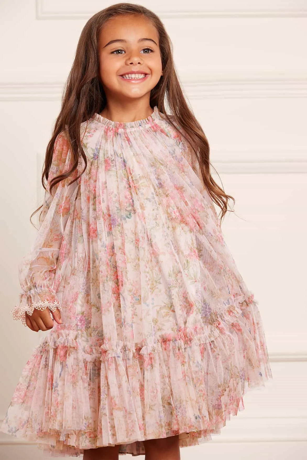 Needle & Thread Girls Floral Wreath Long Sleeve Dress in Pink