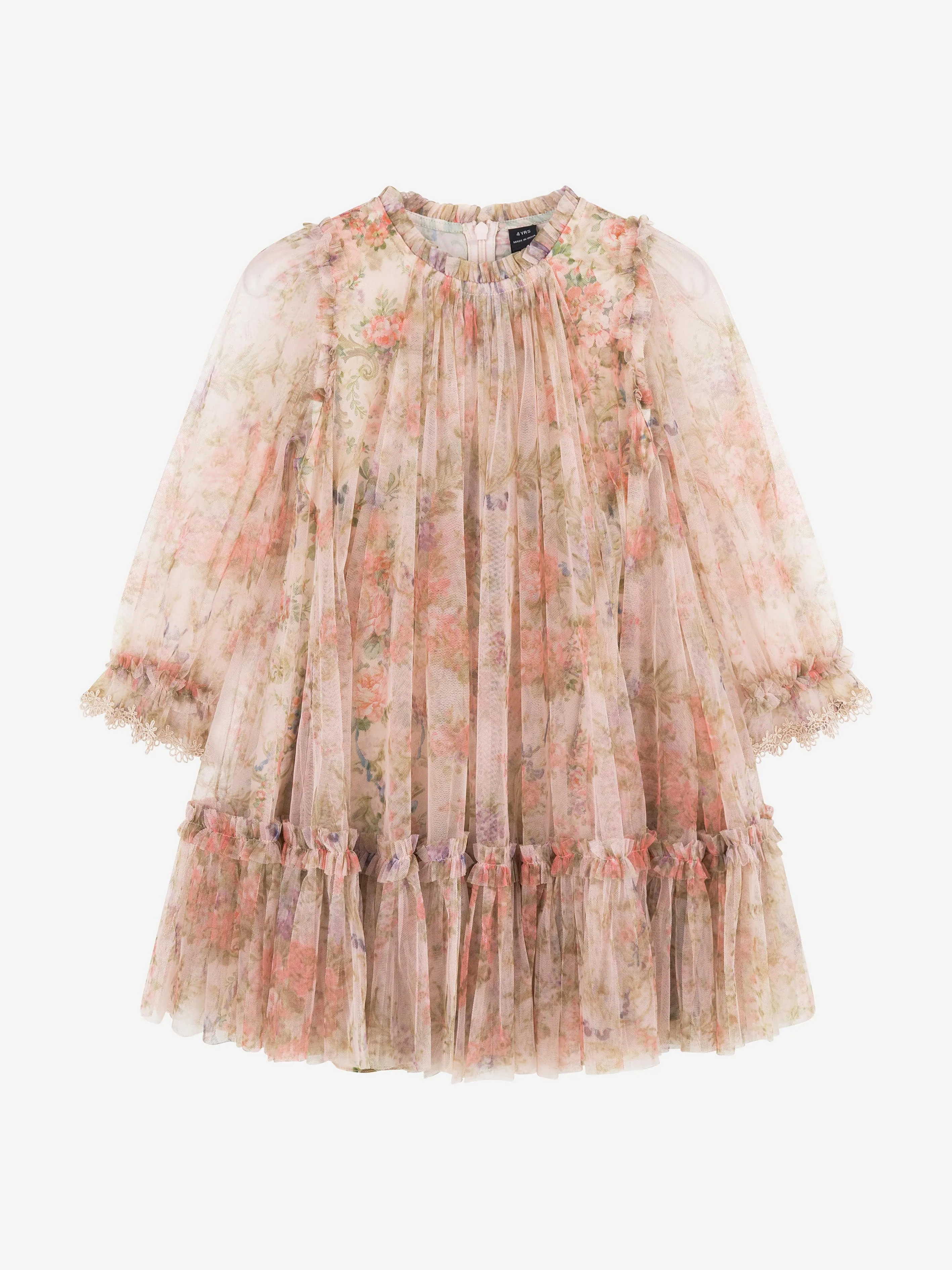 Needle & Thread Girls Floral Wreath Long Sleeve Dress in Pink