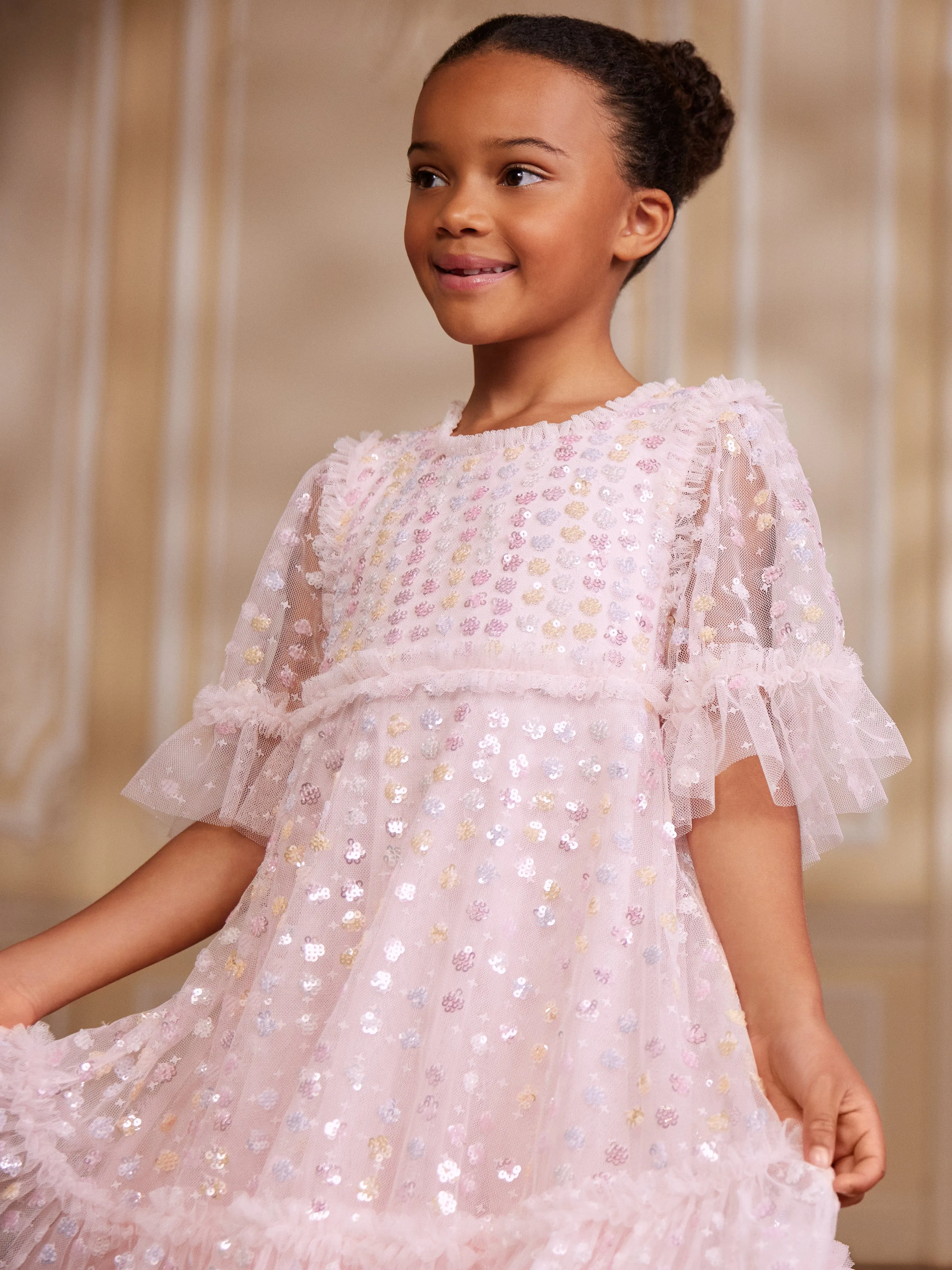 Needle & Thread Girls Raindrop Sequin Dress in Pink